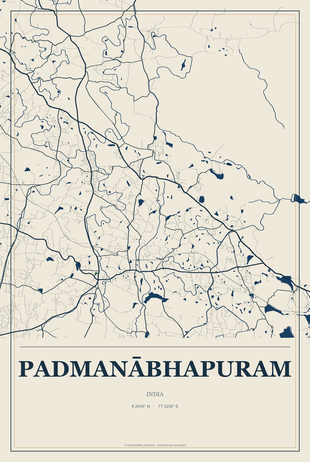 Padmanābhapuram, India City Map Aluminum Sign in Coastal Cutout style