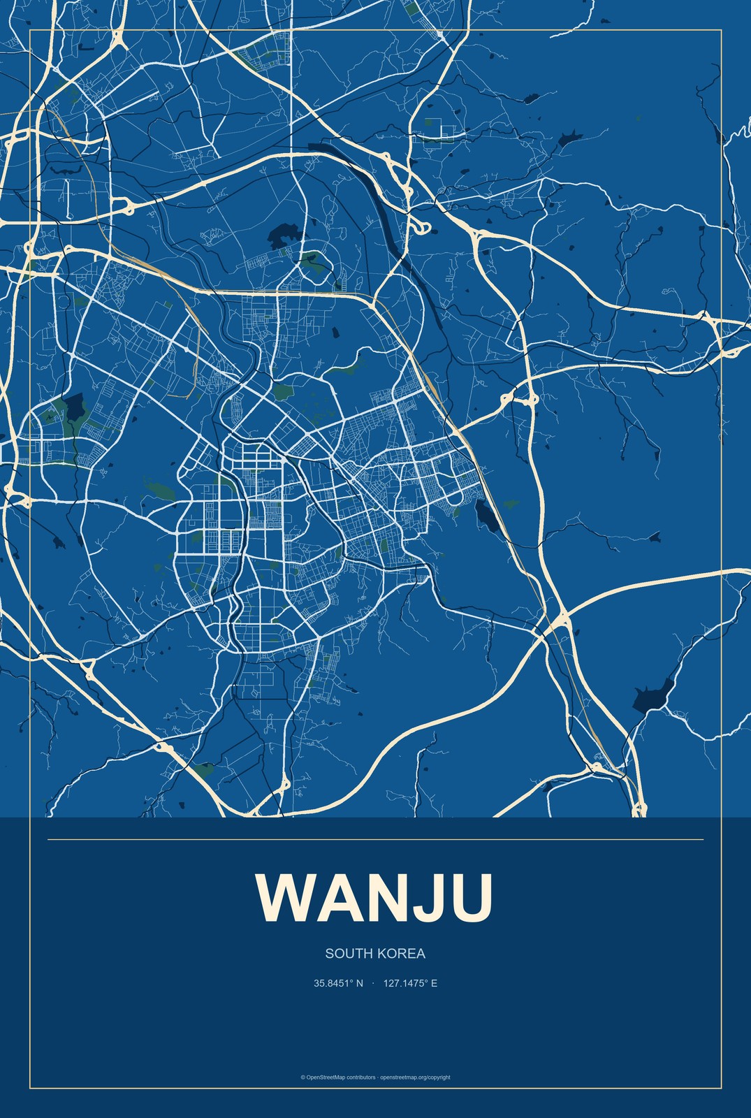 Wanju, South Korea City Map Aluminum Sign in Harbor Cobalt style
