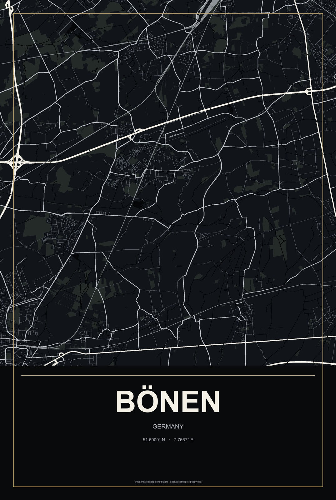 Bönen, Germany City Map Aluminum Sign in Metropolitan Noir style
