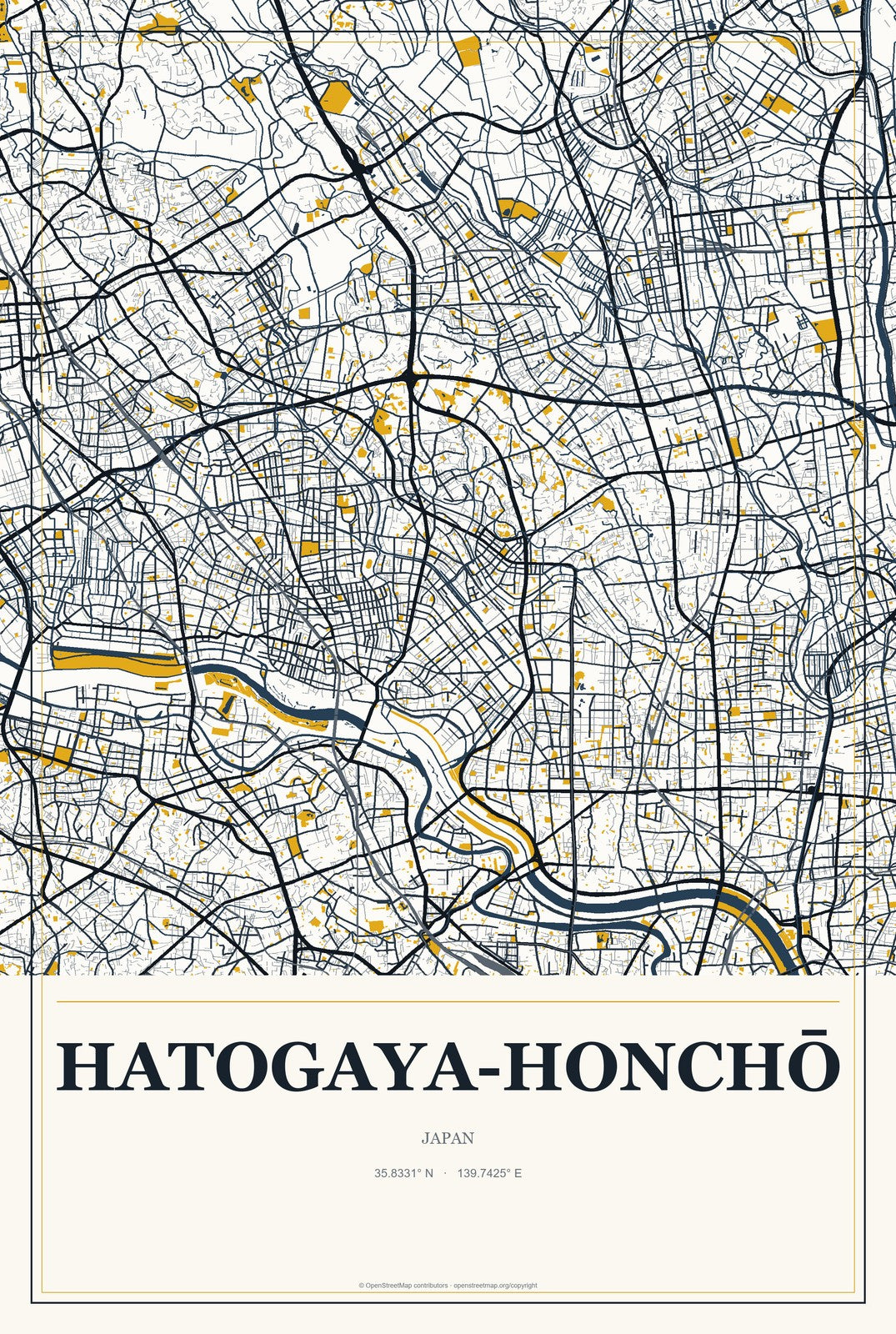 Hatogaya-honchō, Japan City Map Aluminum Sign in Citrine Modern style