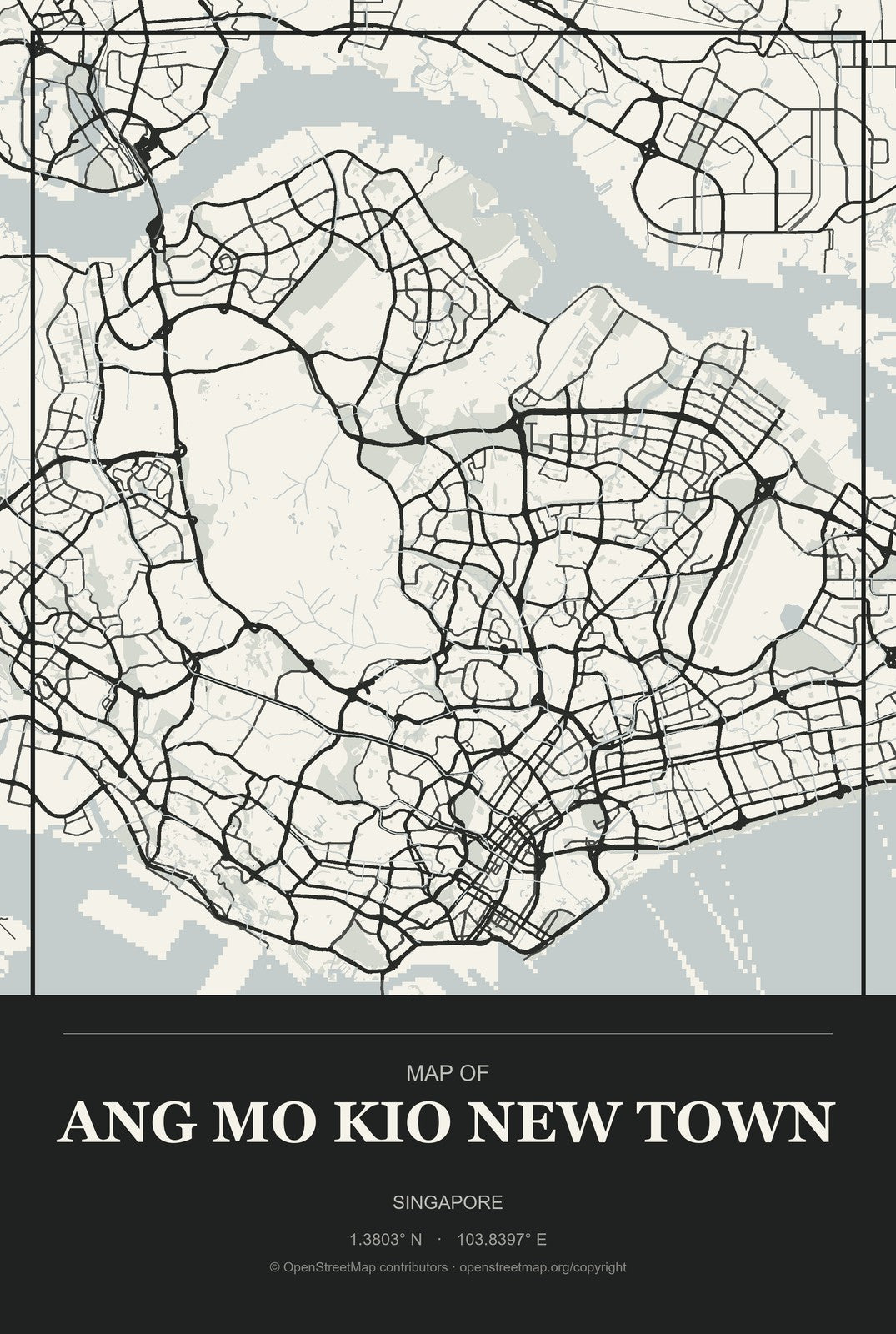 Ang Mo Kio New Town, Singapore City Map Aluminum Sign in Museum Plaque style