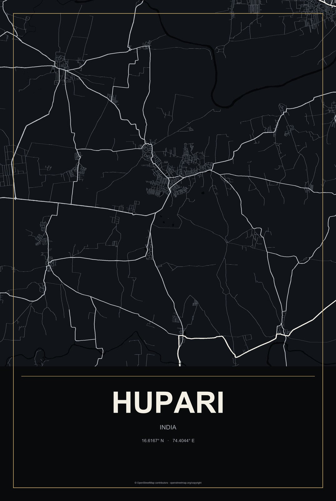 Hupari, India City Map Aluminum Sign in Metropolitan Noir style