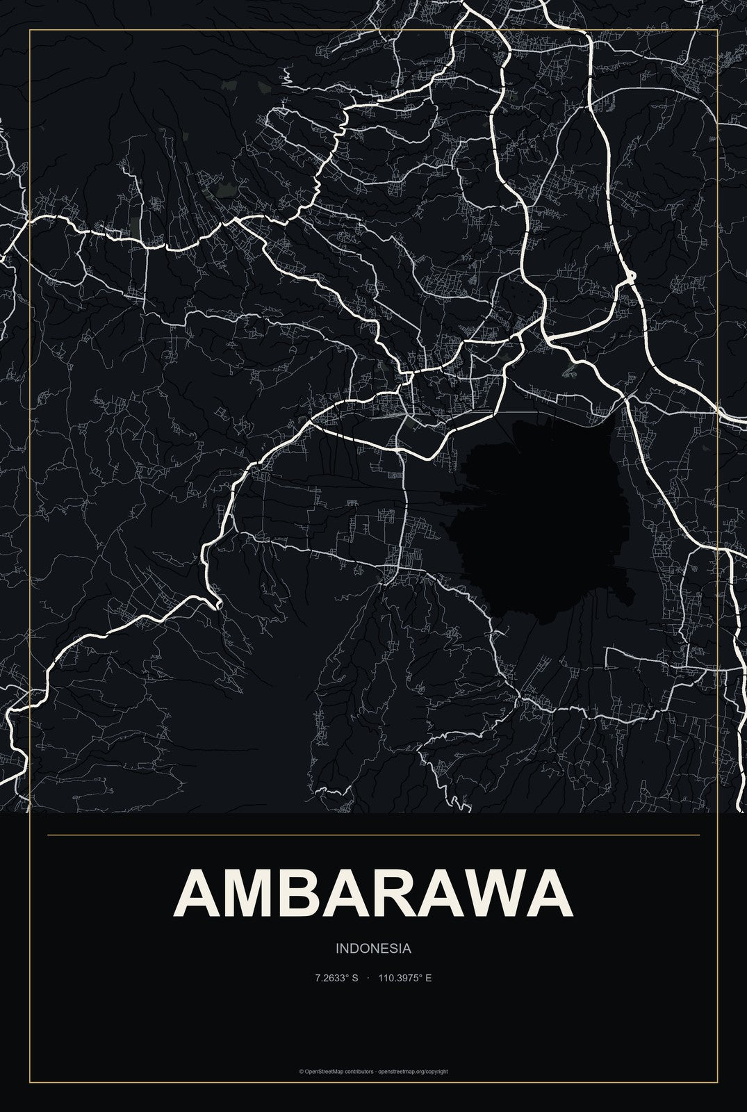 Ambarawa, Indonesia City Map Aluminum Sign in Metropolitan Noir style