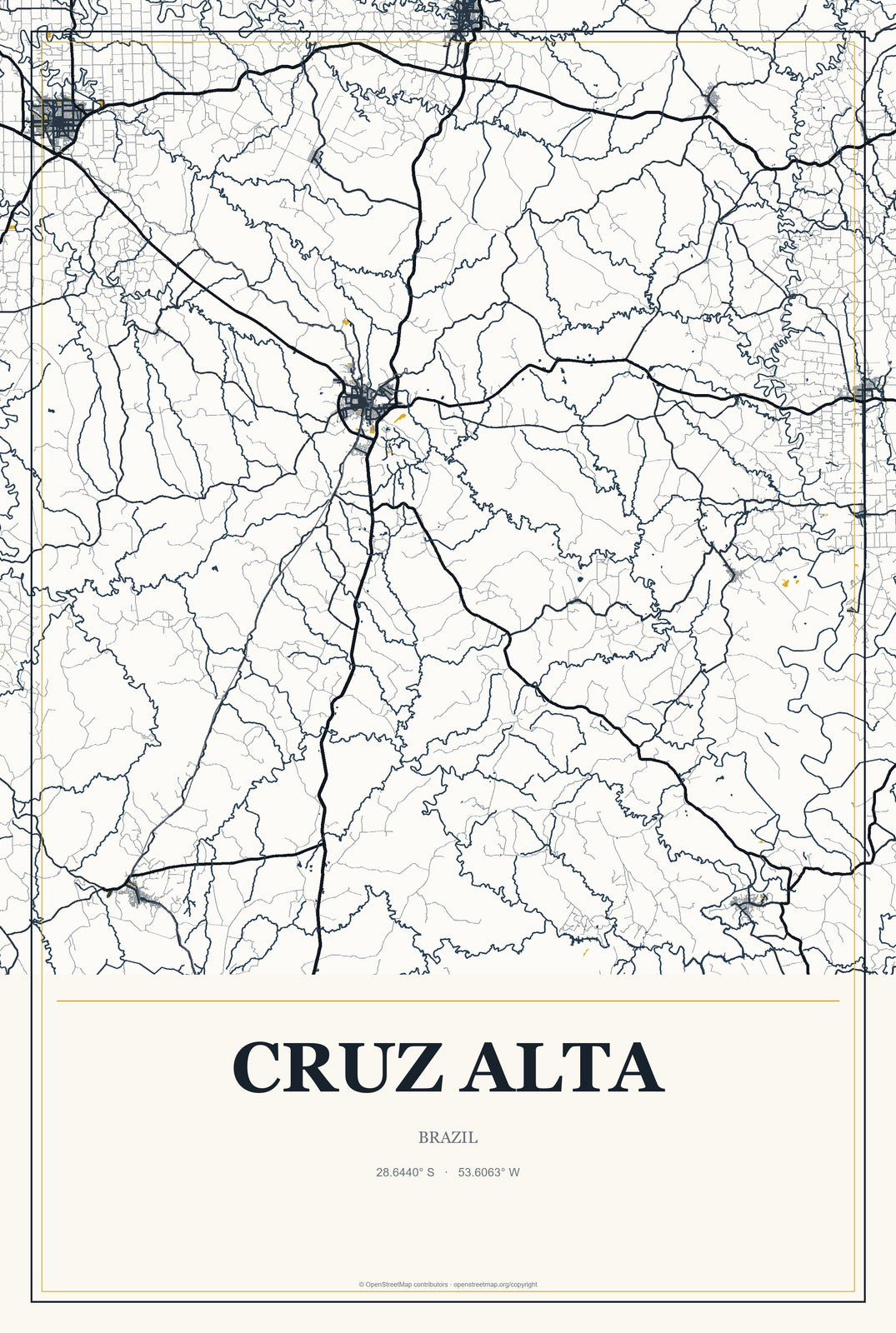 Cruz Alta, Brazil City Map Aluminum Sign in Citrine Modern style