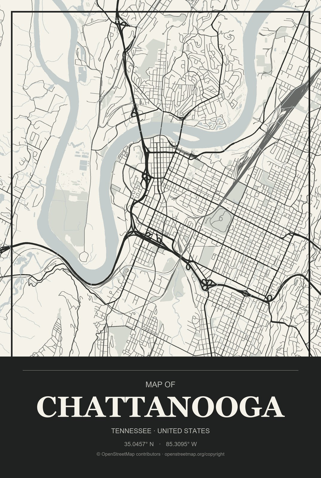 Chattanooga, Tennessee City Map Aluminum Sign in Museum Plaque style