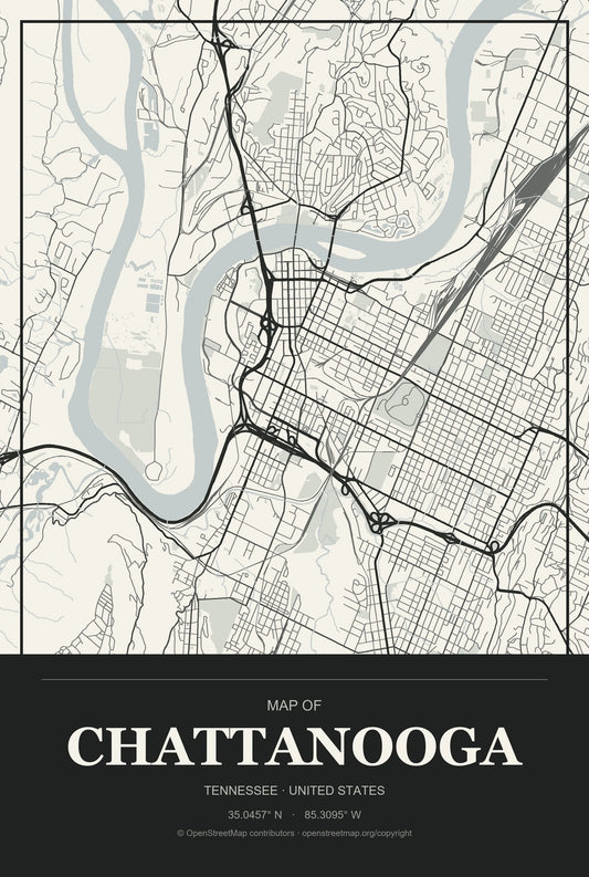 Chattanooga, Tennessee City Map Aluminum Sign in Museum Plaque style