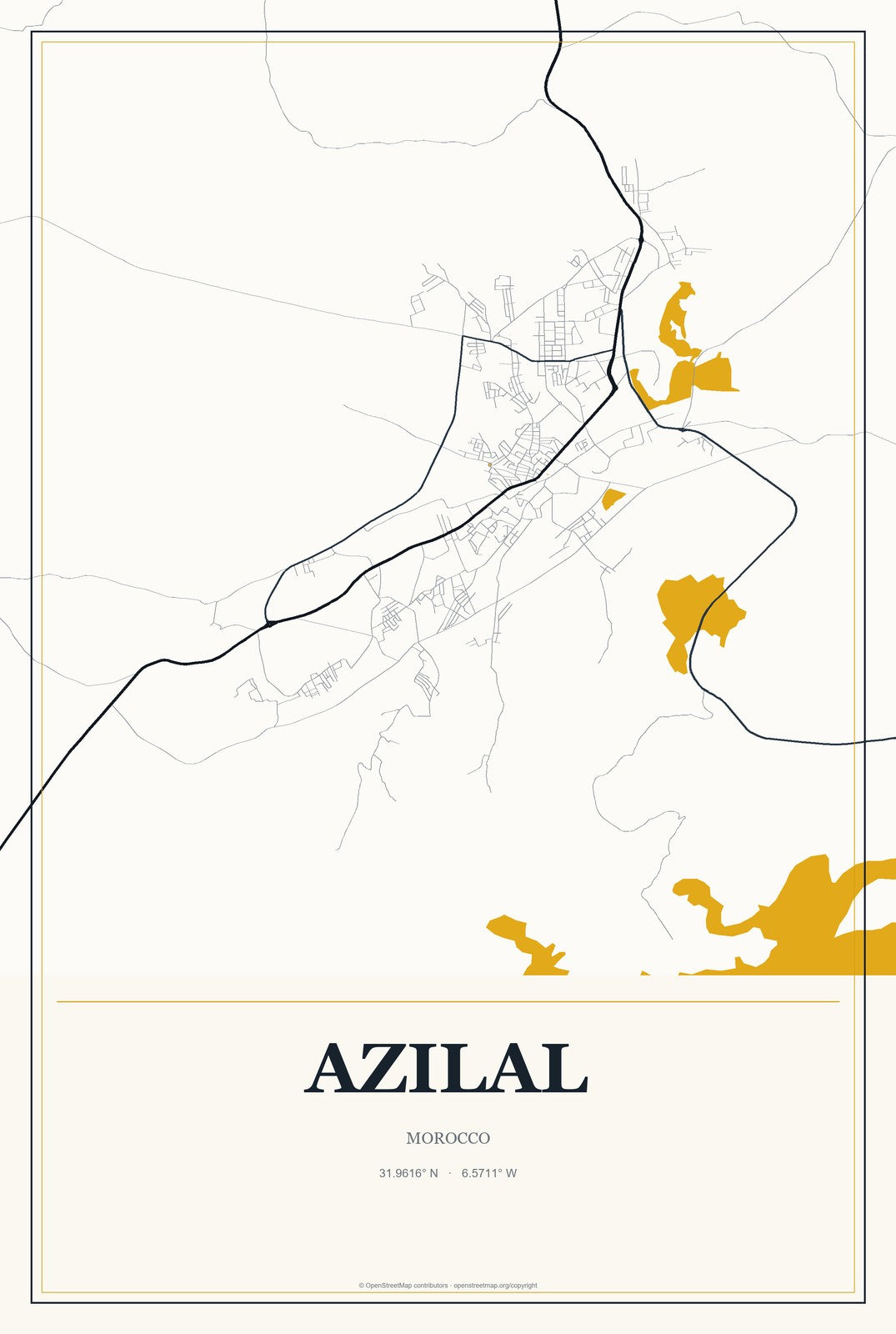 Azilal, Morocco City Map Aluminum Sign in Citrine Modern style