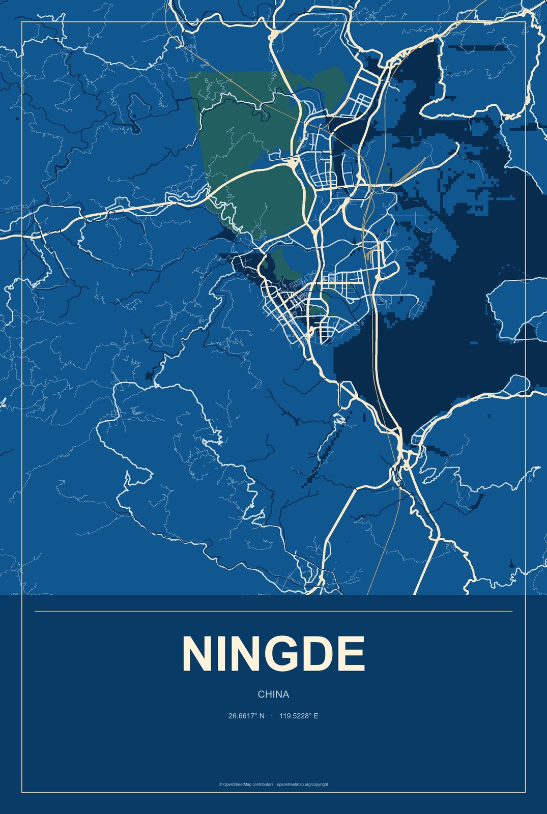 Ningde, China City Map Aluminum Sign in Harbor Cobalt style