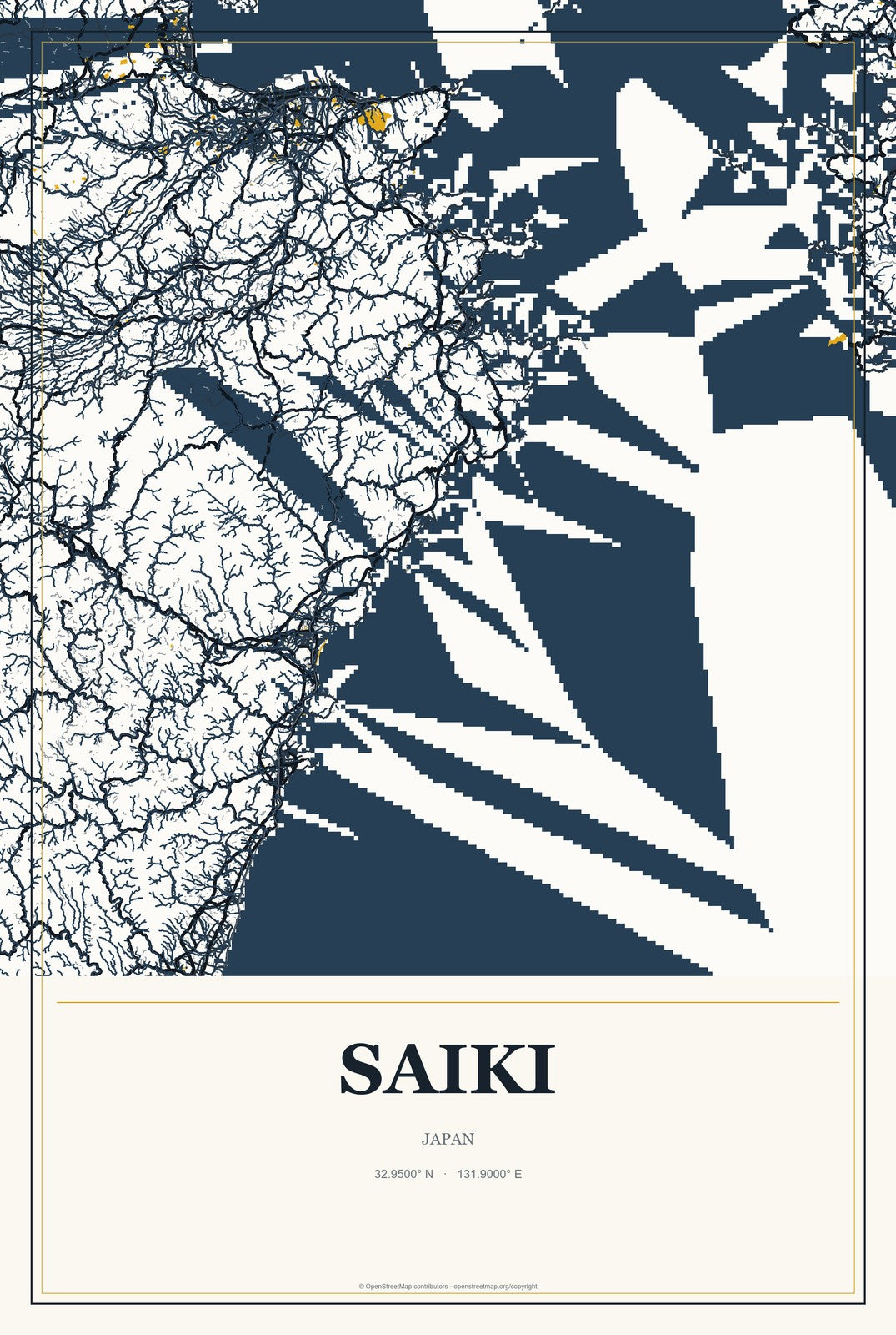 Saiki, Japan City Map Aluminum Sign in Citrine Modern style