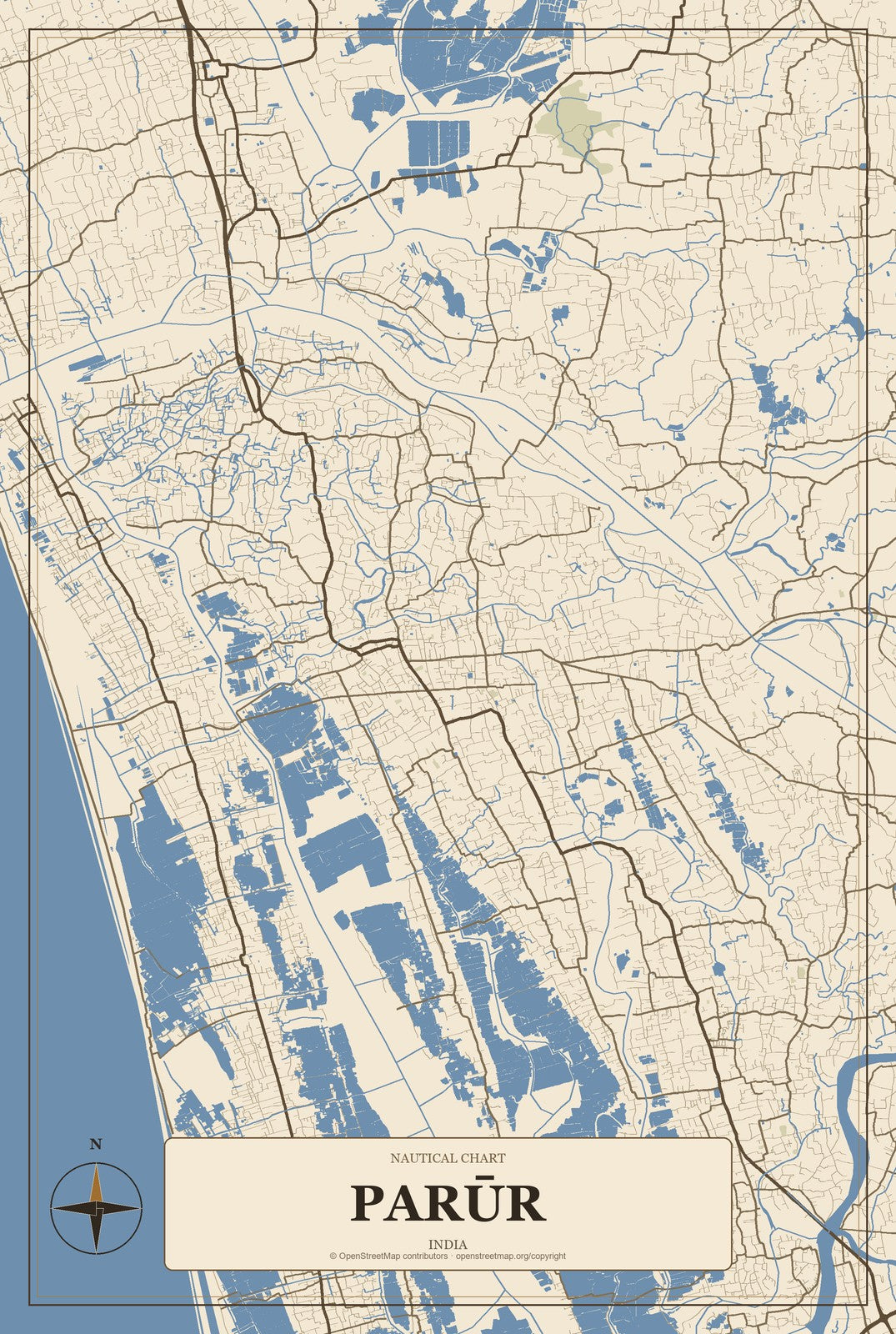 Parūr, India City Map Aluminum Sign in Heritage Nautical style