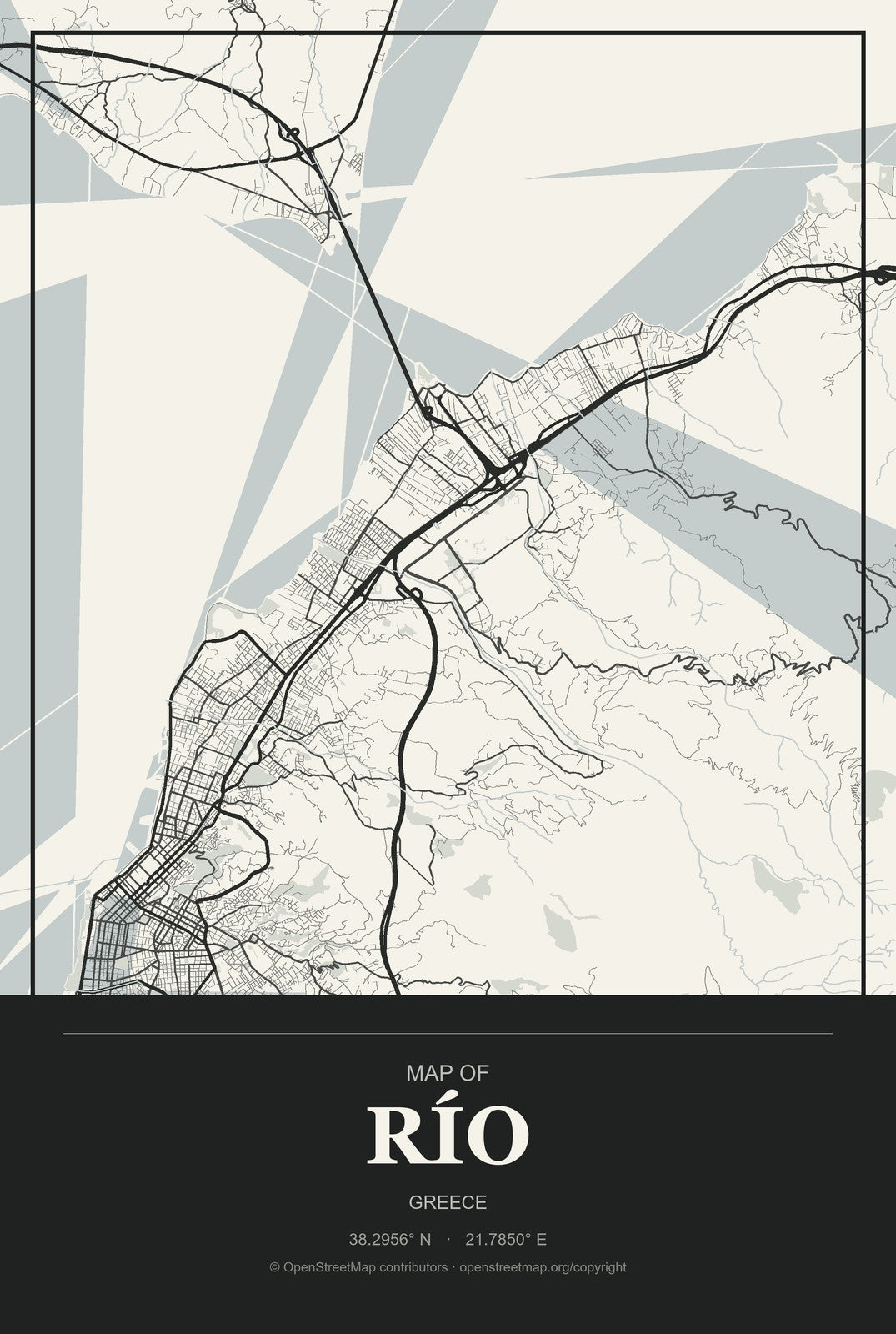 Río, Greece City Map Aluminum Sign in Museum Plaque style