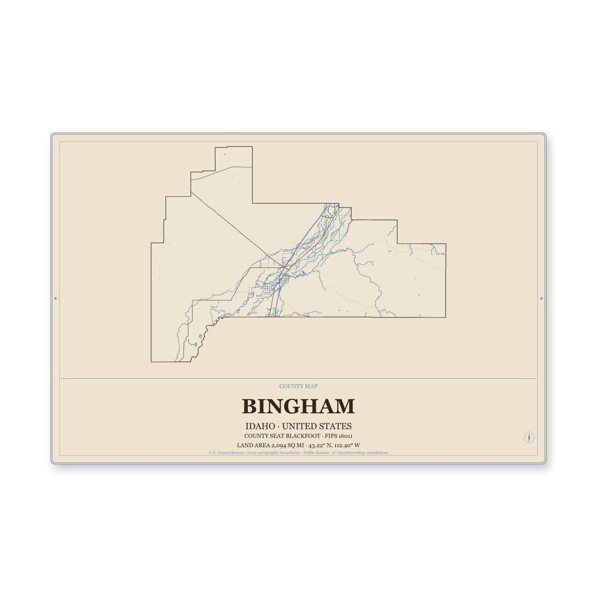 Bingham County, Idaho Map Aluminum Sign in Heritage Nautical style