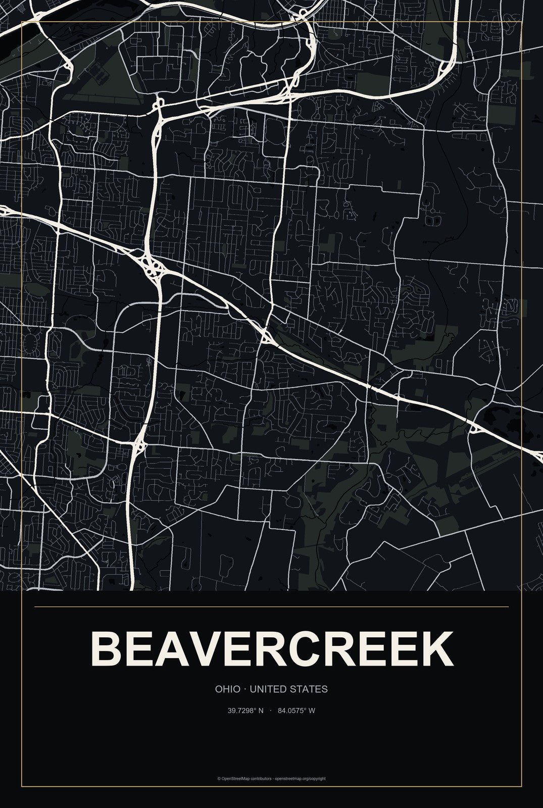 Beavercreek, Ohio City Map Aluminum Sign in Metropolitan Noir style