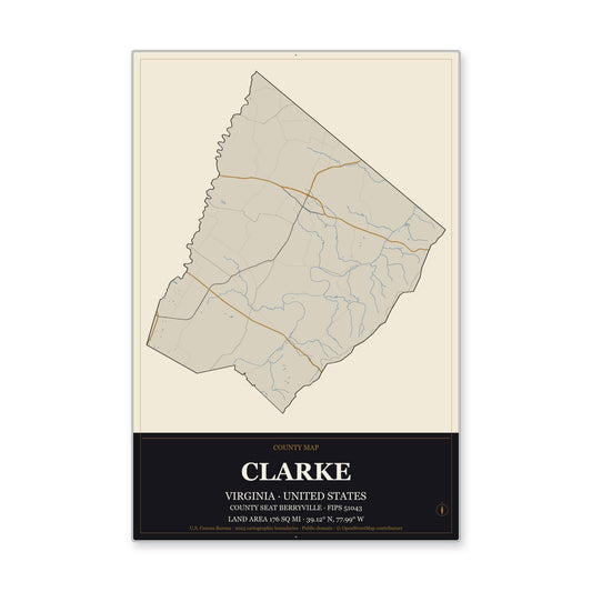 Clarke County, Virginia Map Aluminum Sign in Museum Plaque style