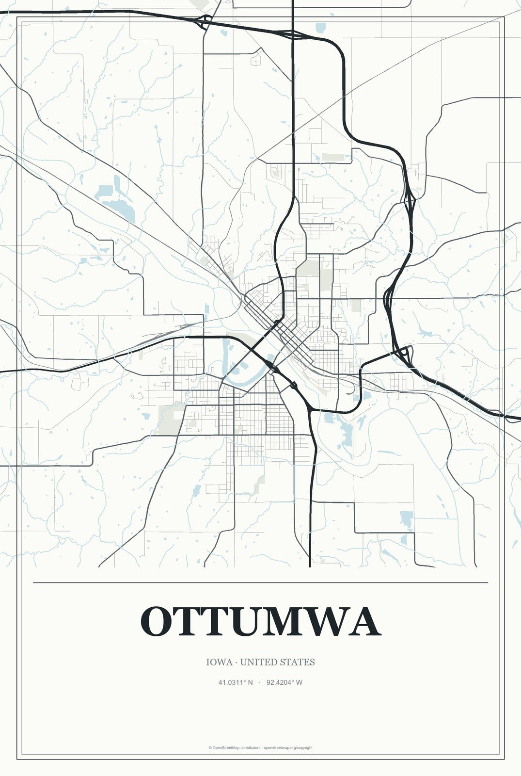 Ottumwa, Iowa City Map Aluminum Sign in Gallery Air style