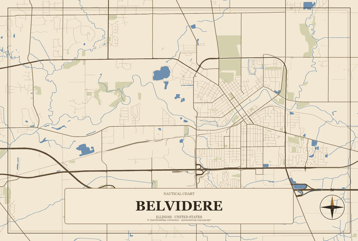 Belvidere, Illinois City Map Aluminum Sign in Heritage Nautical style