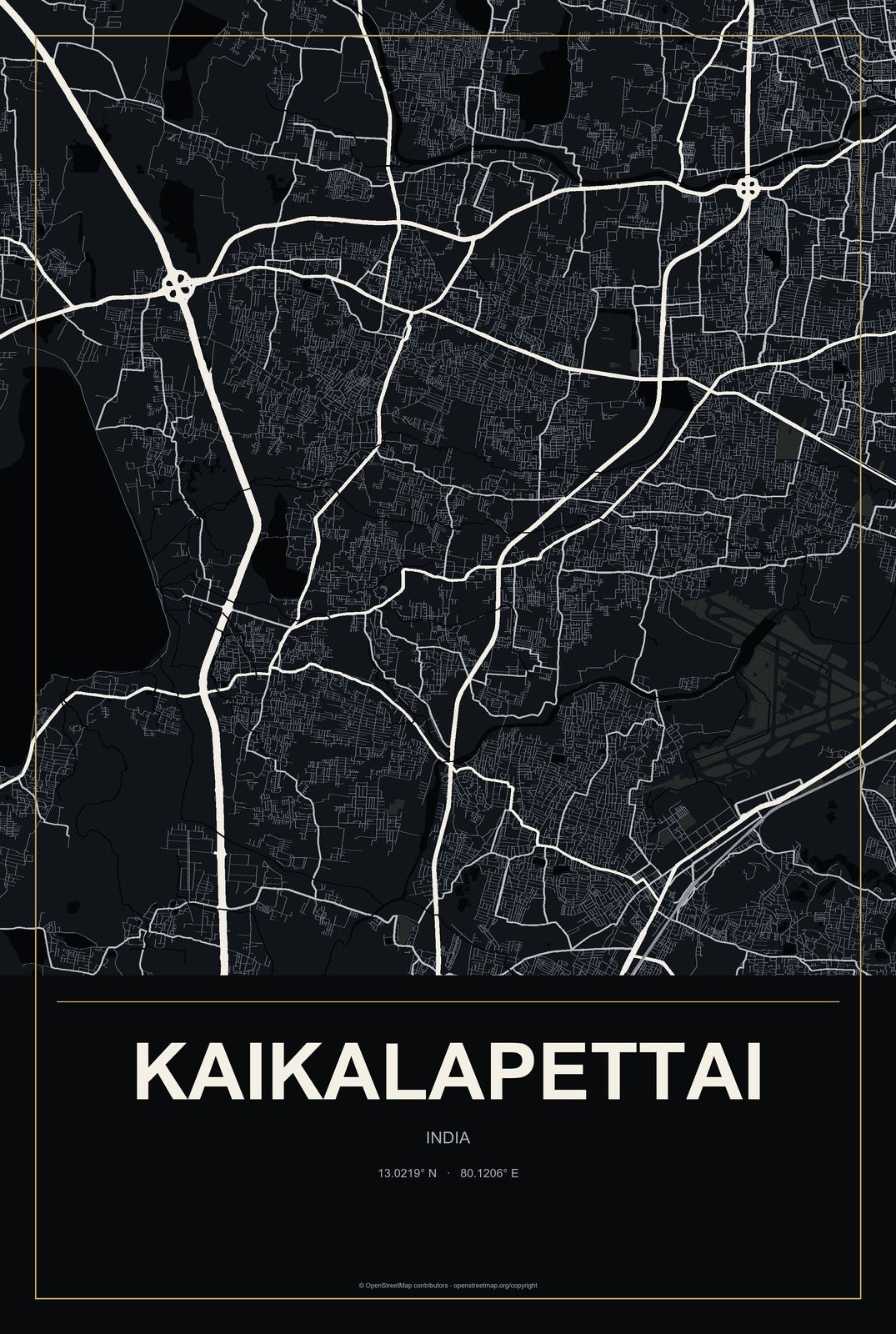 Kaikalapettai, India City Map Aluminum Sign in Metropolitan Noir style