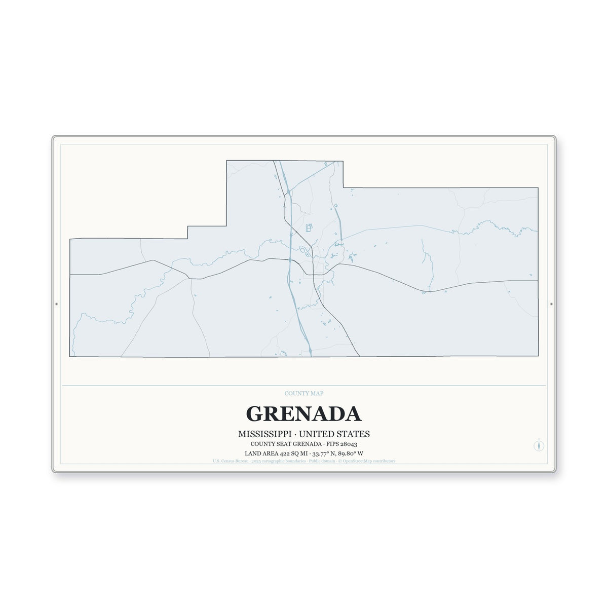 Grenada County, Mississippi Map Aluminum Sign in Gallery Air style