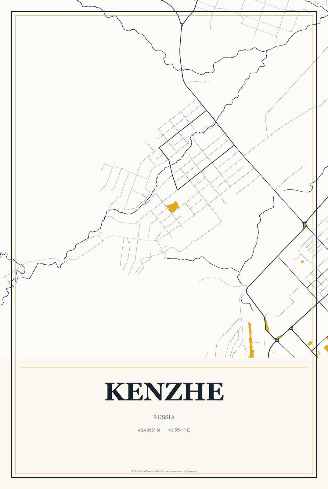 Kenzhe, Russia City Map Aluminum Sign in Citrine Modern style