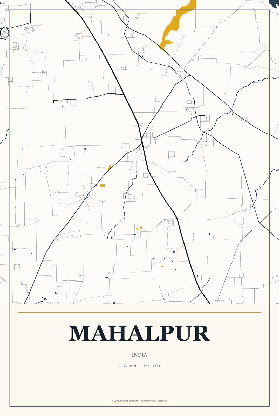 Mahalpur, India City Map Aluminum Sign in Citrine Modern style