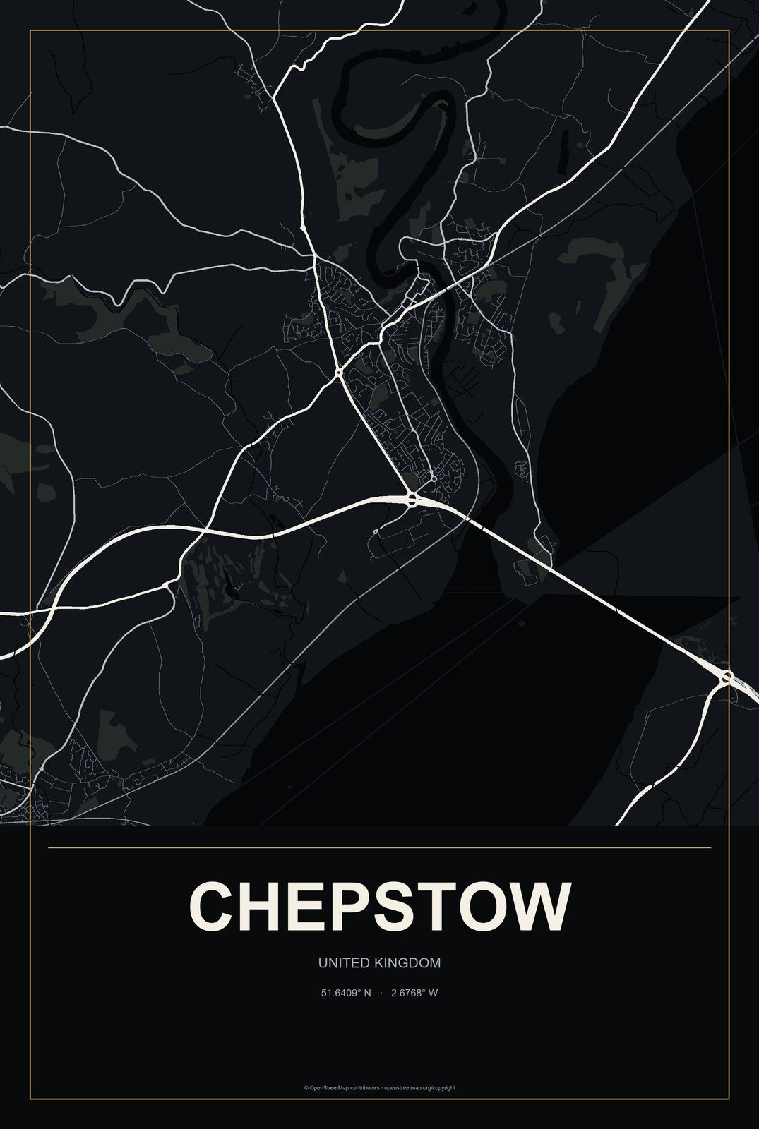 Chepstow, United Kingdom City Map Aluminum Sign in Metropolitan Noir style