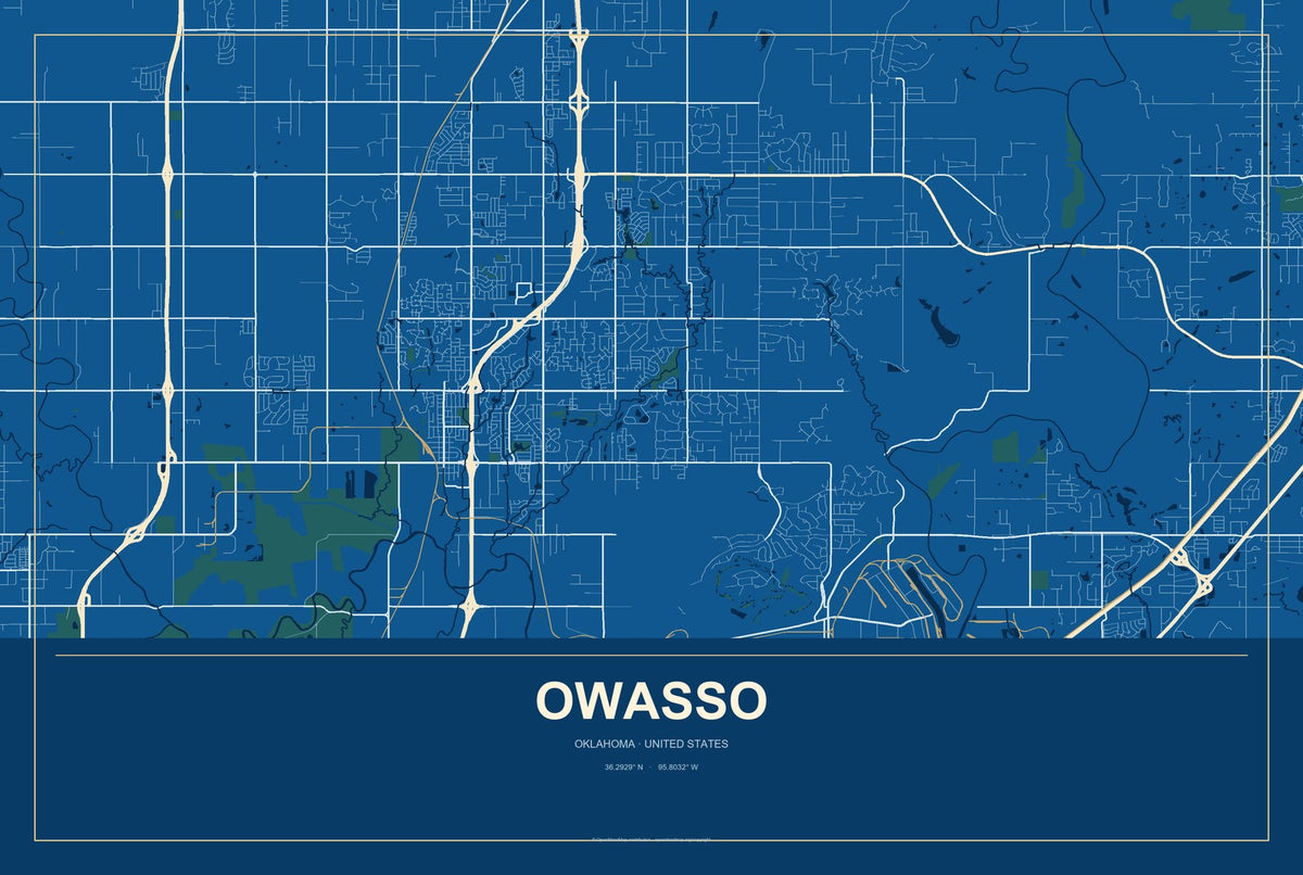 Owasso, Oklahoma City Map Aluminum Sign in Harbor Cobalt style