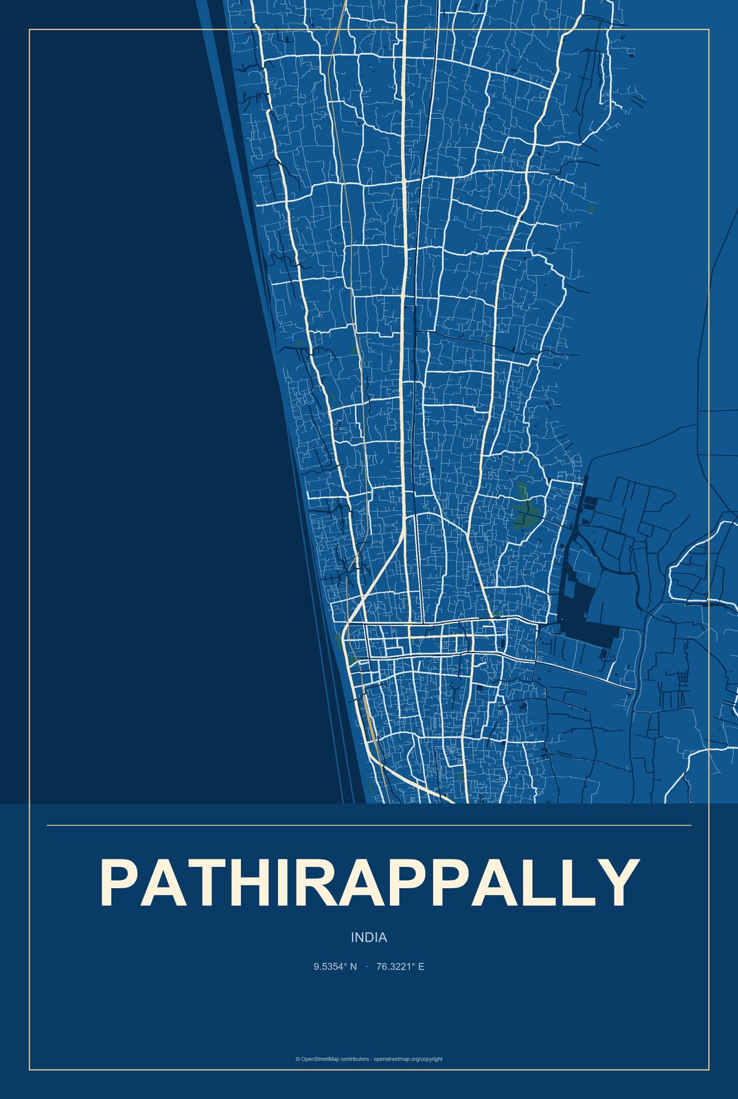Pathirappally, India City Map Aluminum Sign in Harbor Cobalt style