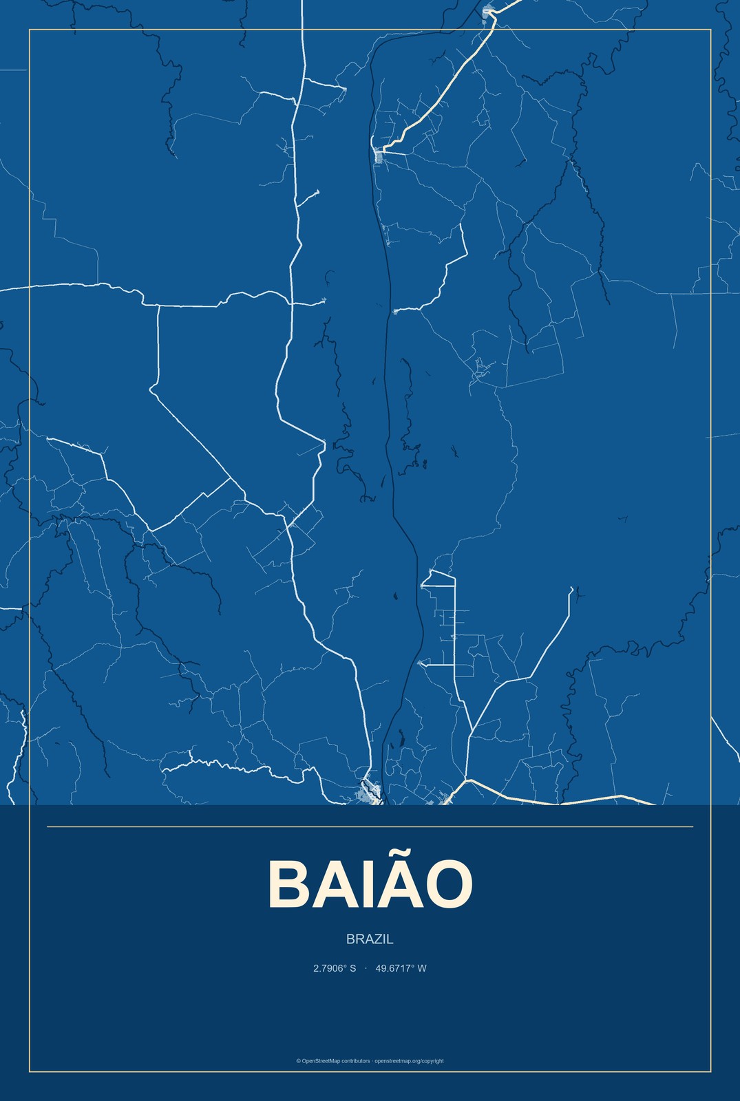 Baião, Brazil City Map Aluminum Sign in Harbor Cobalt style
