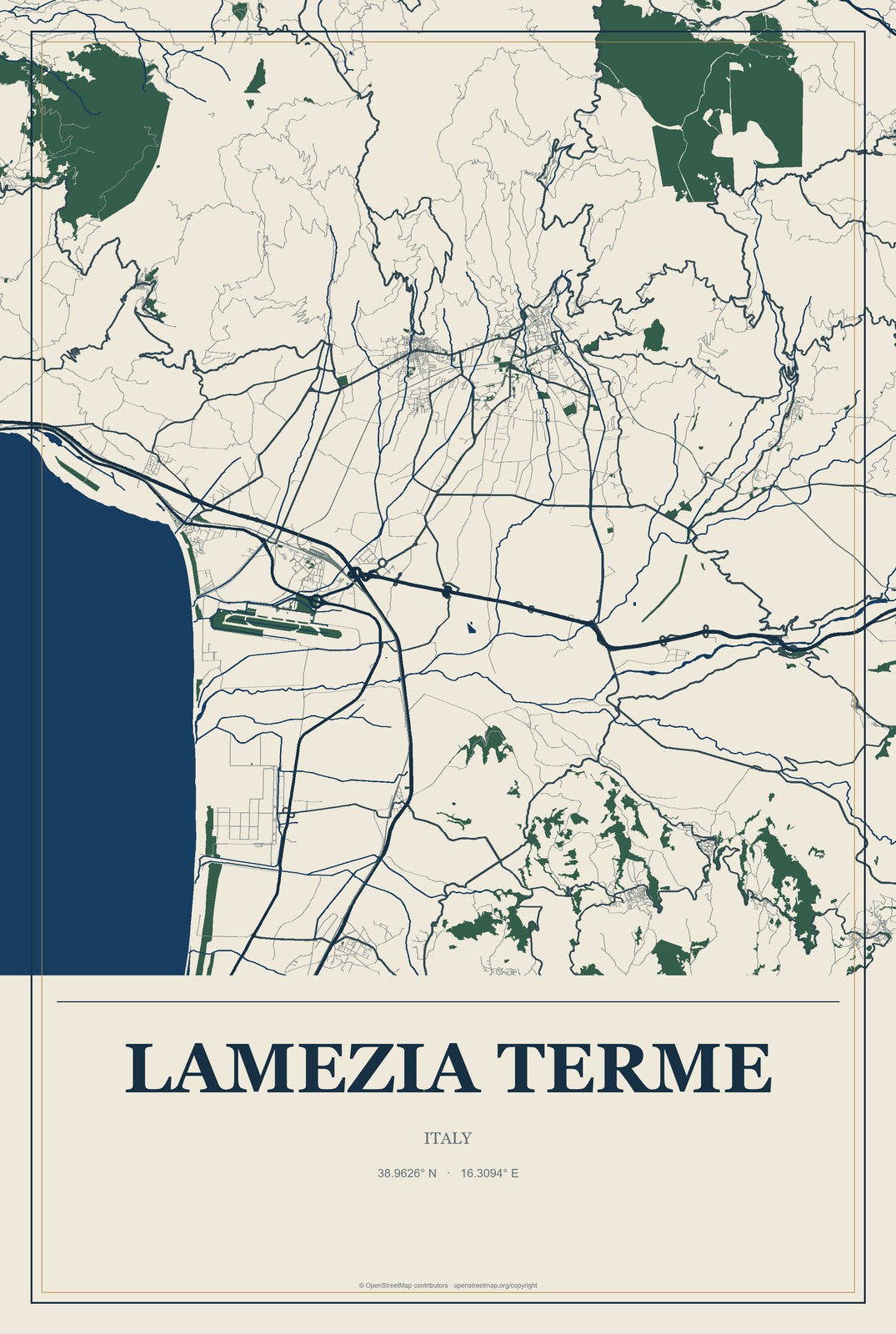 Lamezia Terme, Italy City Map Aluminum Sign in Coastal Cutout style
