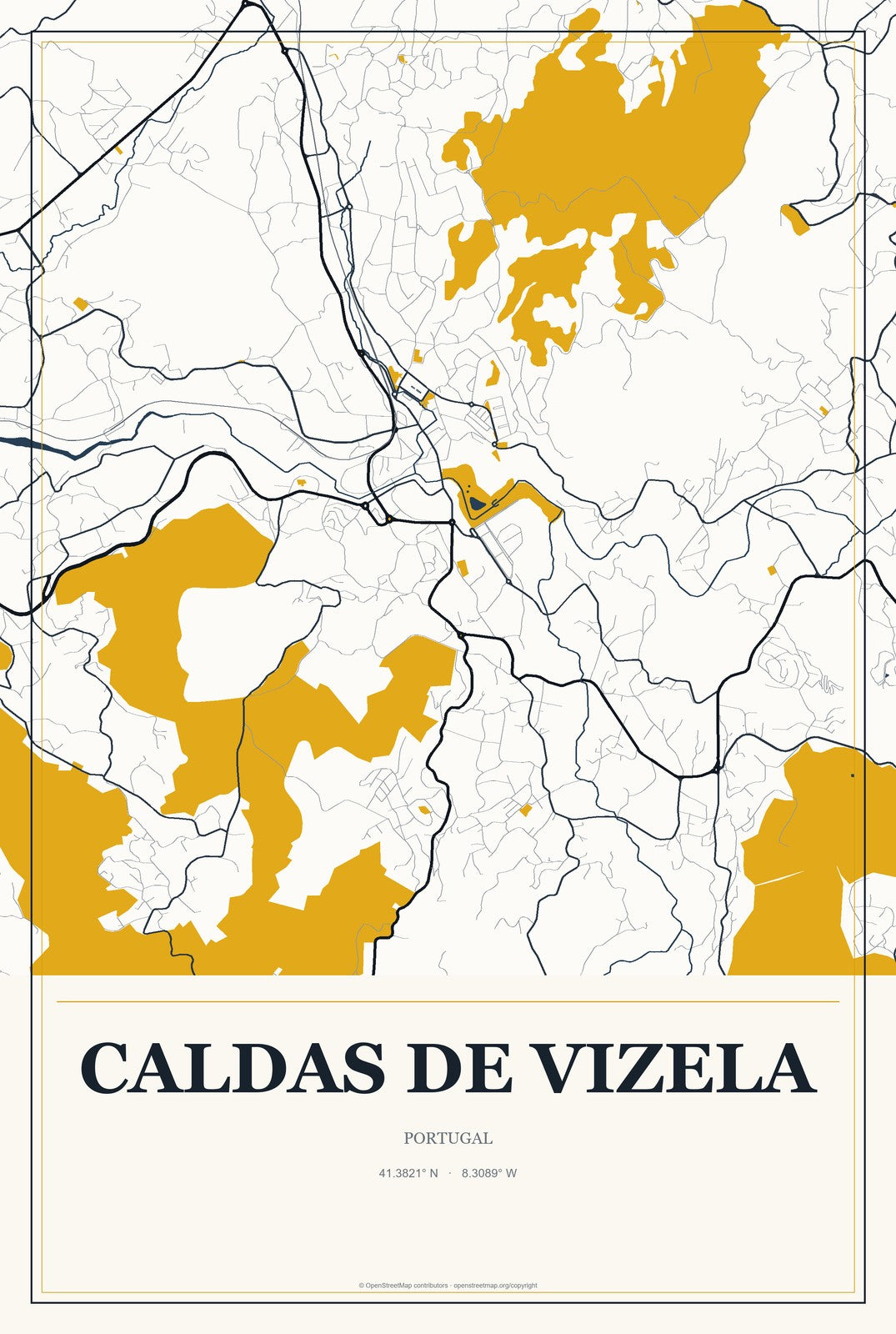 Caldas de Vizela, Portugal City Map Aluminum Sign in Citrine Modern style