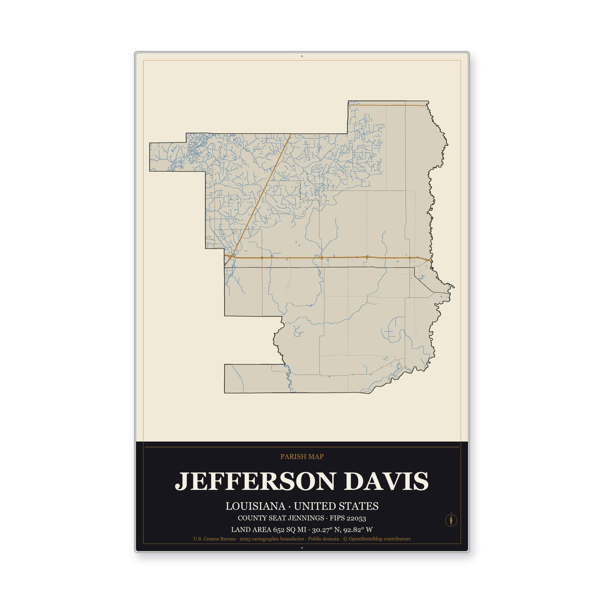 Jefferson Davis Parish, Louisiana Map Aluminum Sign in Museum Plaque style