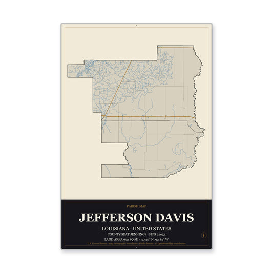 Jefferson Davis Parish, Louisiana Map Aluminum Sign in Museum Plaque style