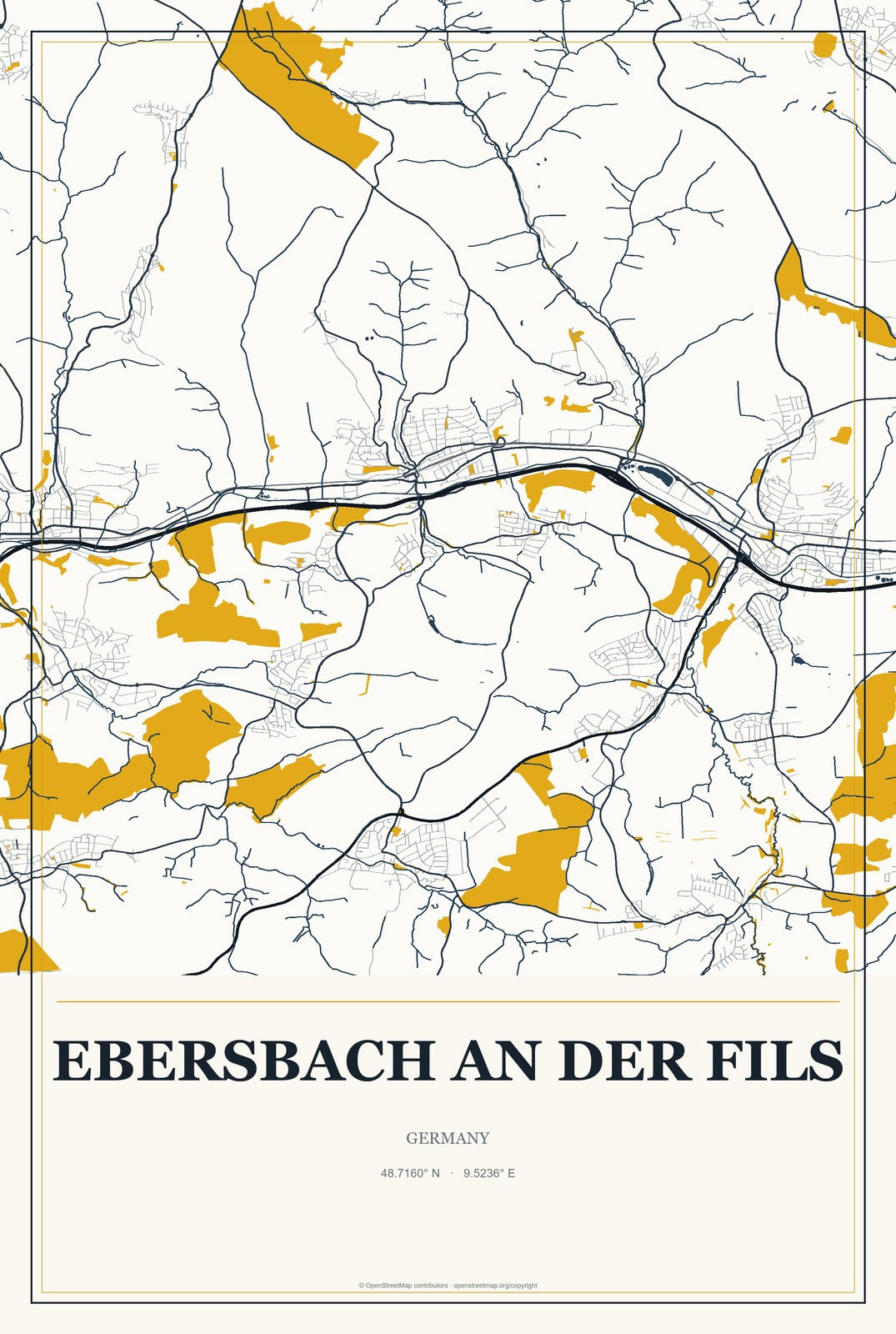 Ebersbach an der Fils, Germany City Map Aluminum Sign in Citrine Modern style