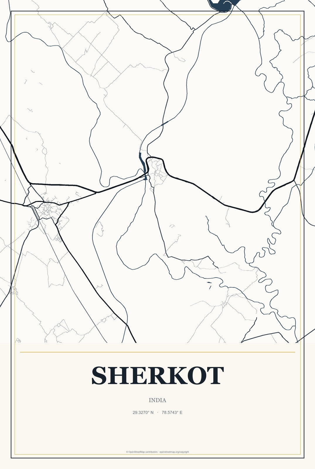 Sherkot, India City Map Aluminum Sign in Citrine Modern style