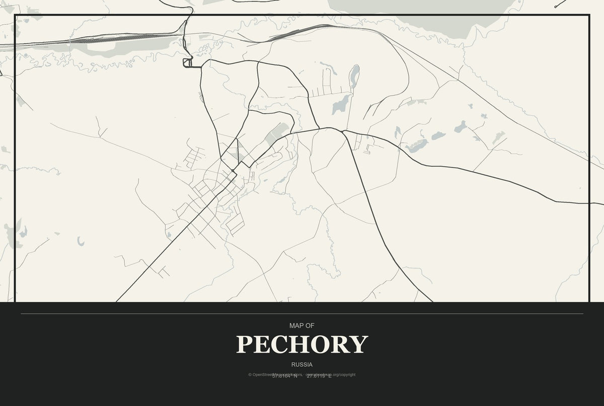 Pechory, Russia City Map Aluminum Sign in Museum Plaque style