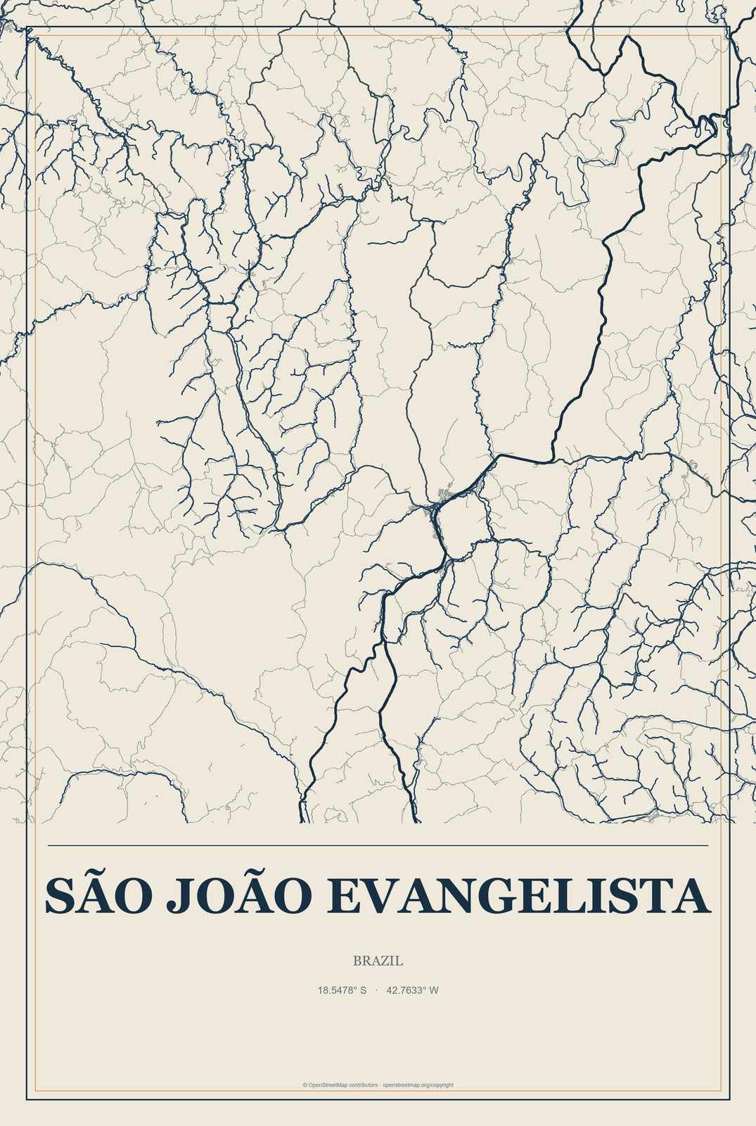 São João Evangelista, Brazil City Map Aluminum Sign in Coastal Cutout style