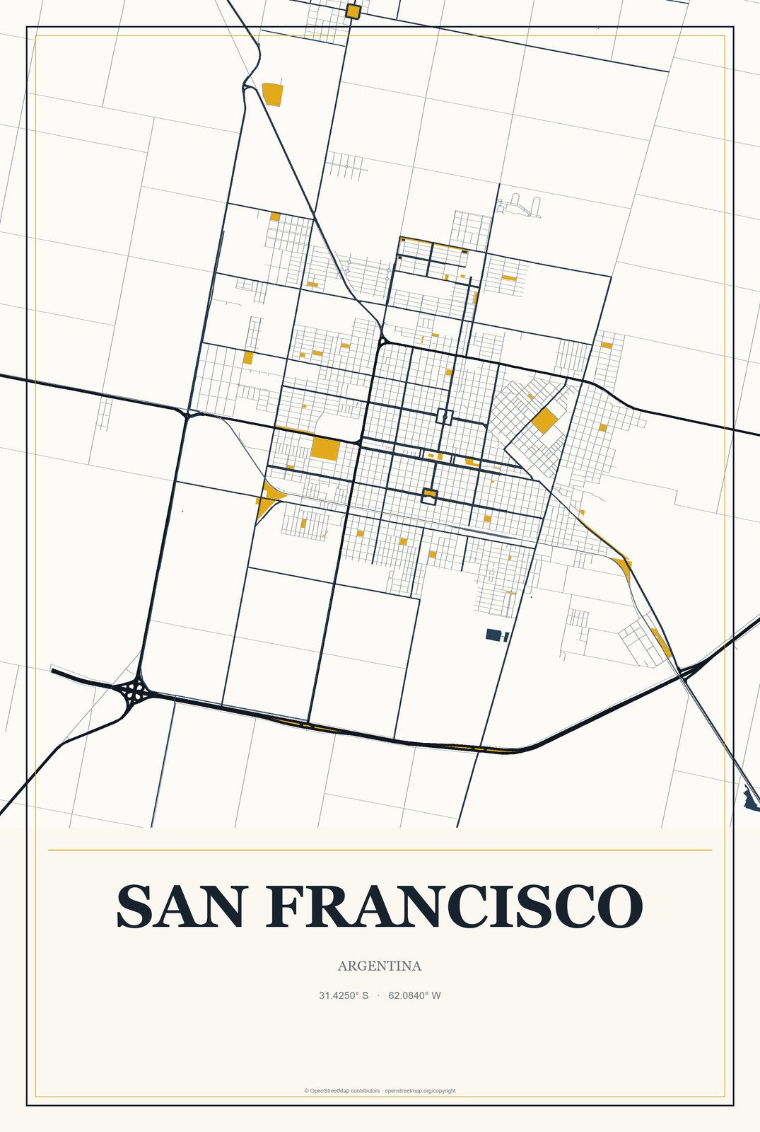 San Francisco, Argentina City Map Aluminum Sign in Citrine Modern style