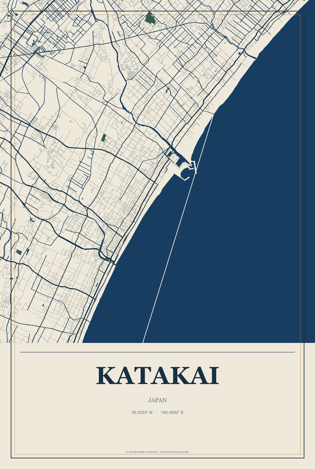 Katakai, Japan City Map Aluminum Sign in Coastal Cutout style