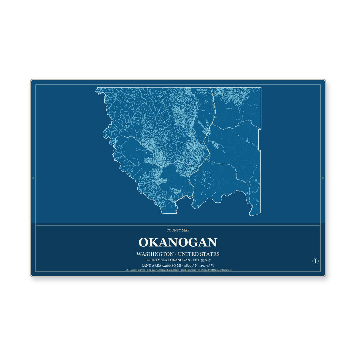Okanogan County, Washington Map Aluminum Sign in Harbor Cobalt style