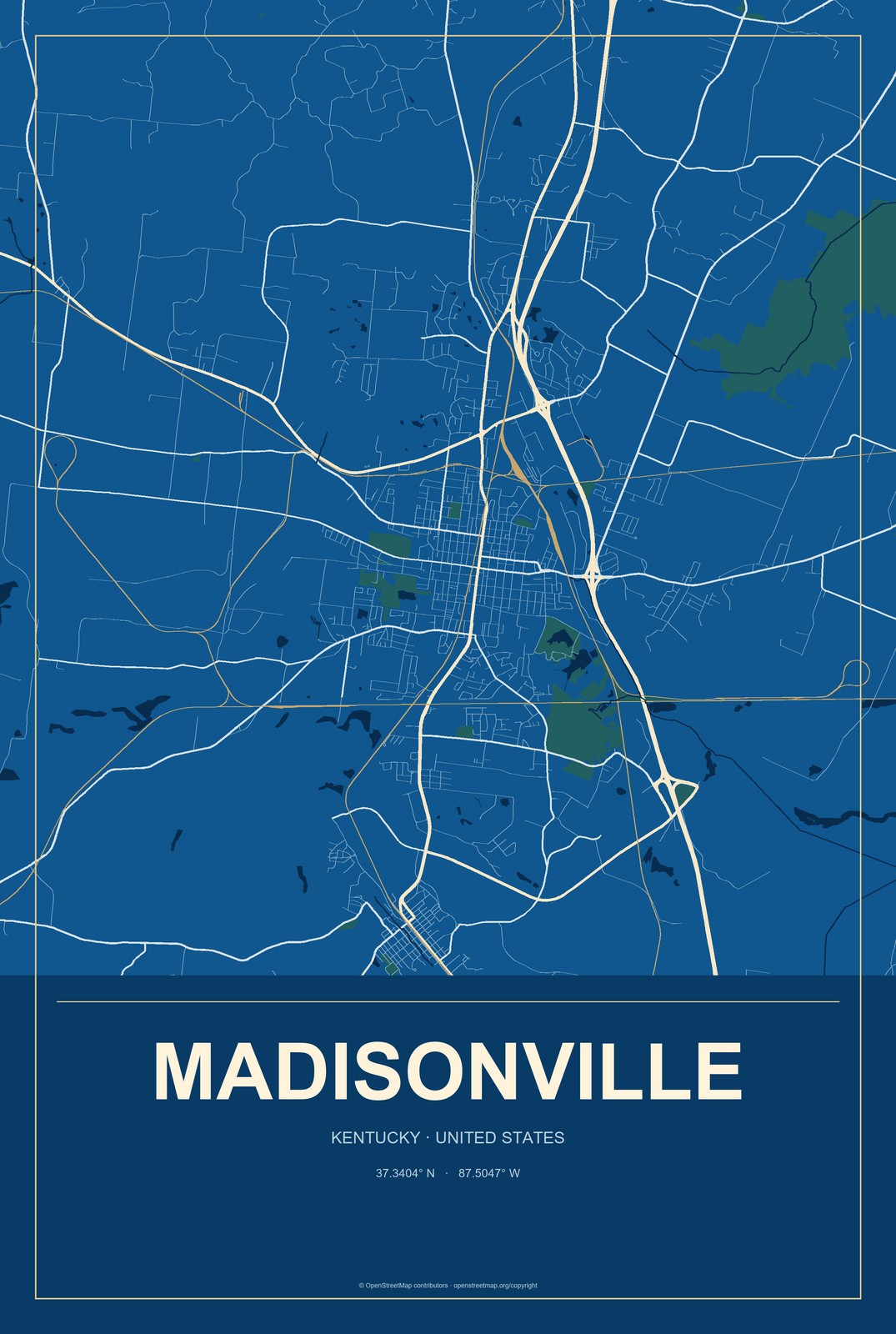 Madisonville, Kentucky City Map Aluminum Sign in Harbor Cobalt style