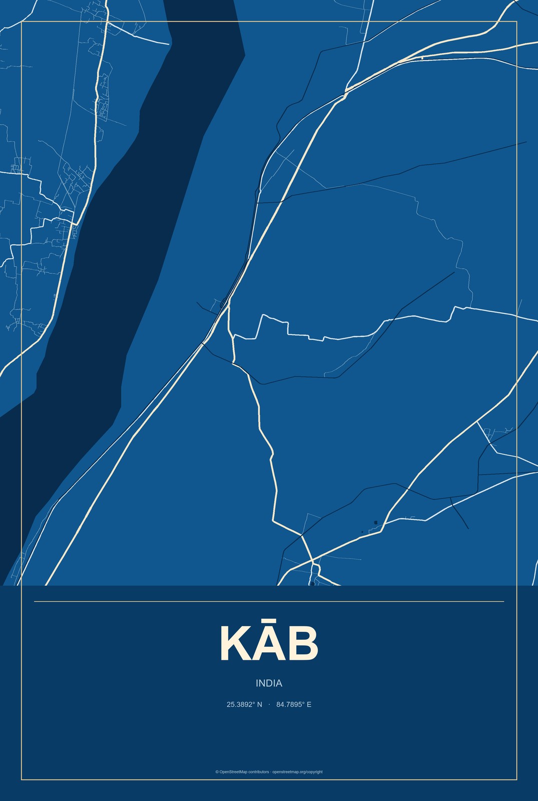 Kāb, India City Map Aluminum Sign in Harbor Cobalt style