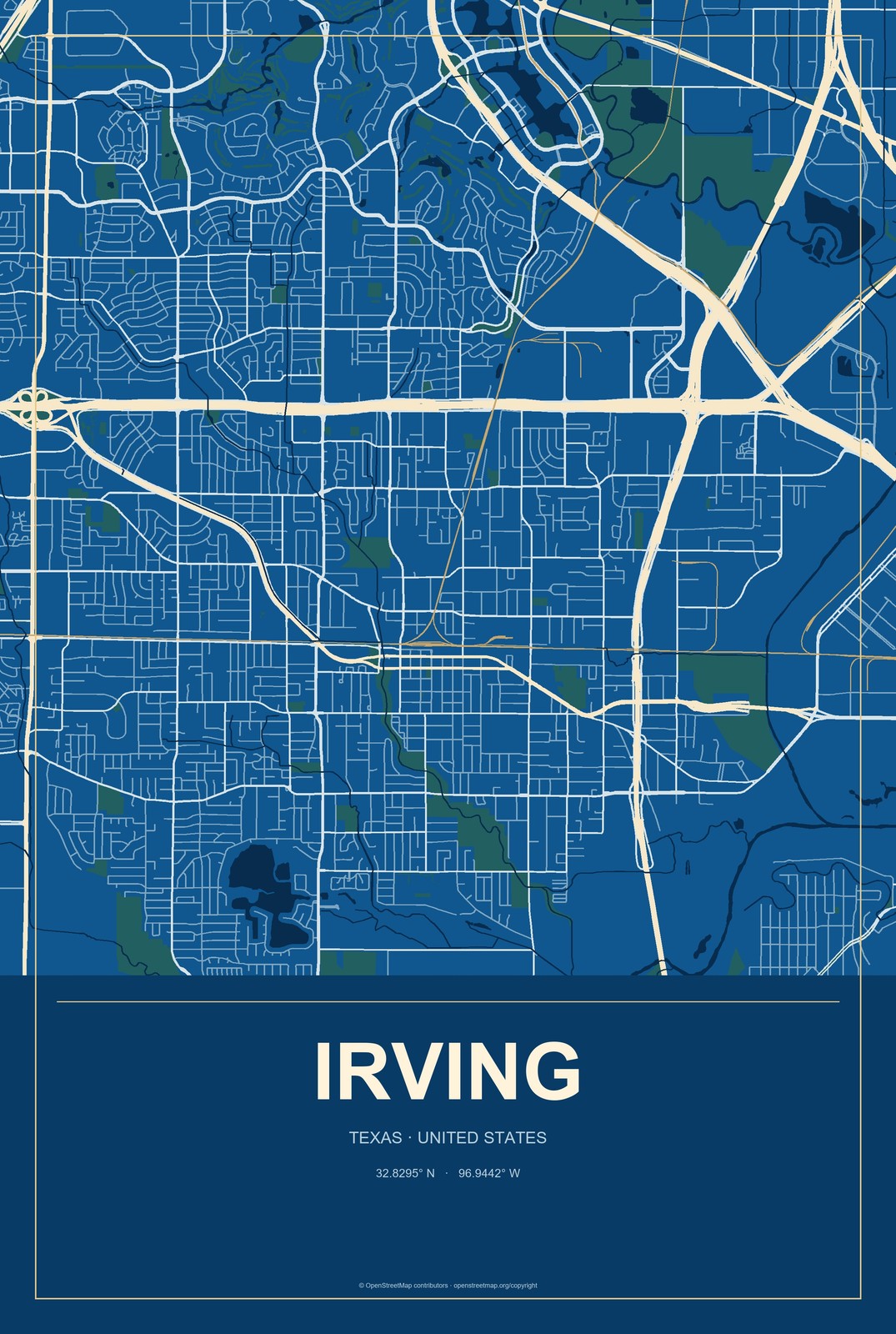 Irving, Texas City Map Aluminum Sign in Harbor Cobalt style