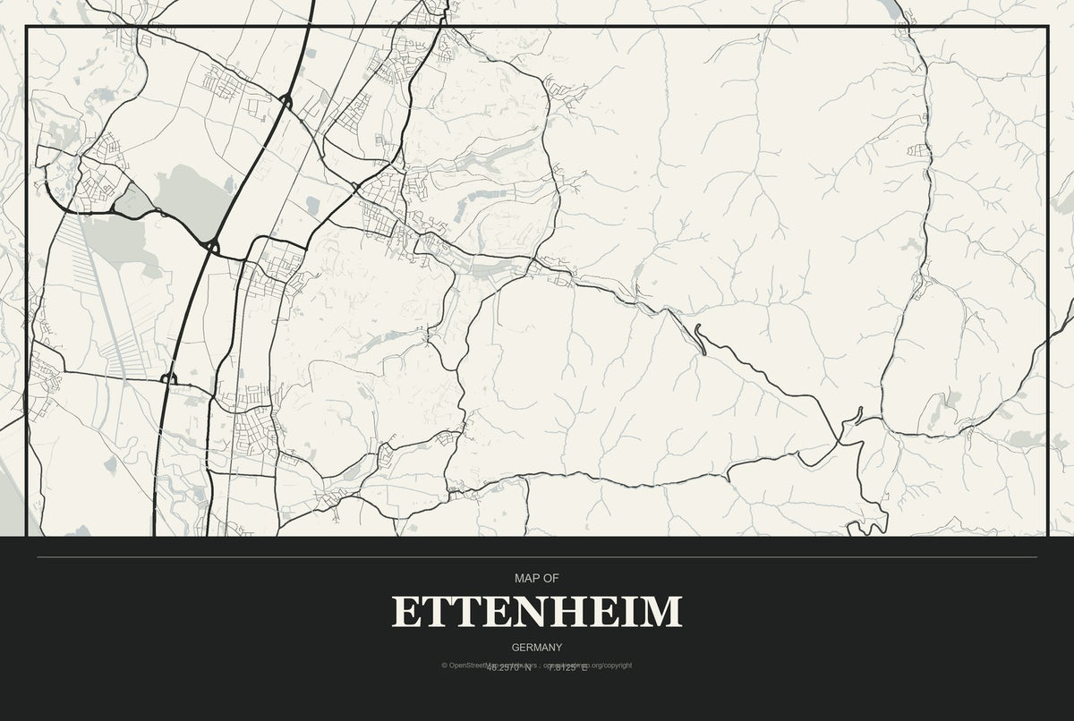 Ettenheim, Germany City Map Aluminum Sign in Museum Plaque style
