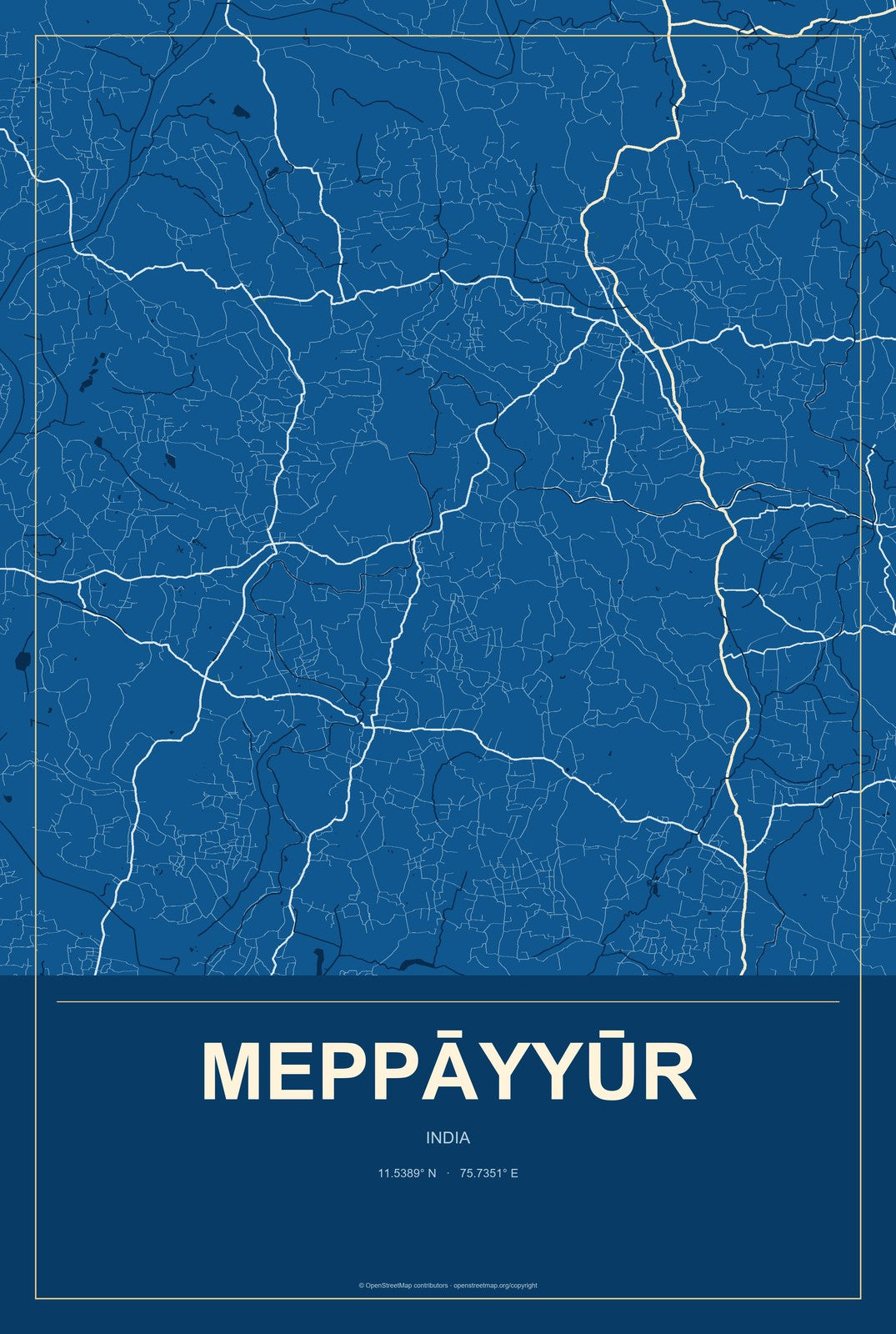 Meppāyyūr, India City Map Aluminum Sign in Harbor Cobalt style