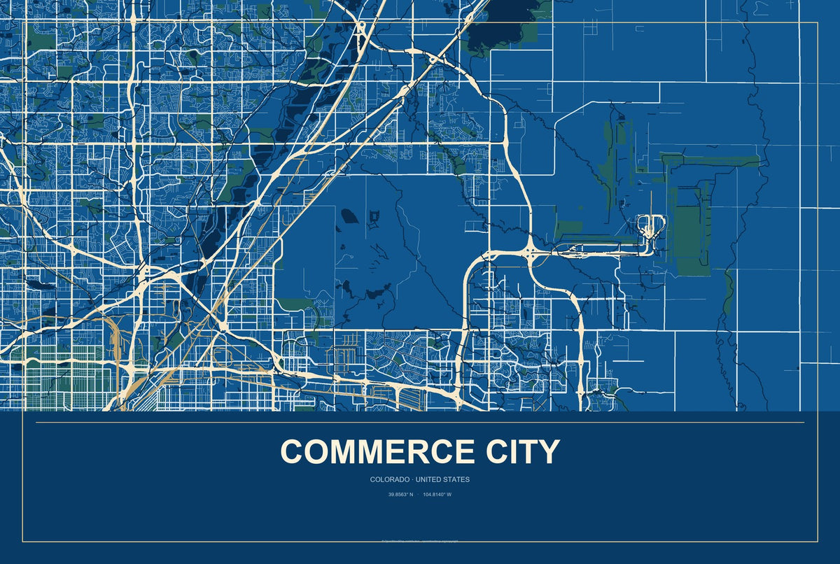 Commerce City, Colorado City Map Aluminum Sign in Harbor Cobalt style