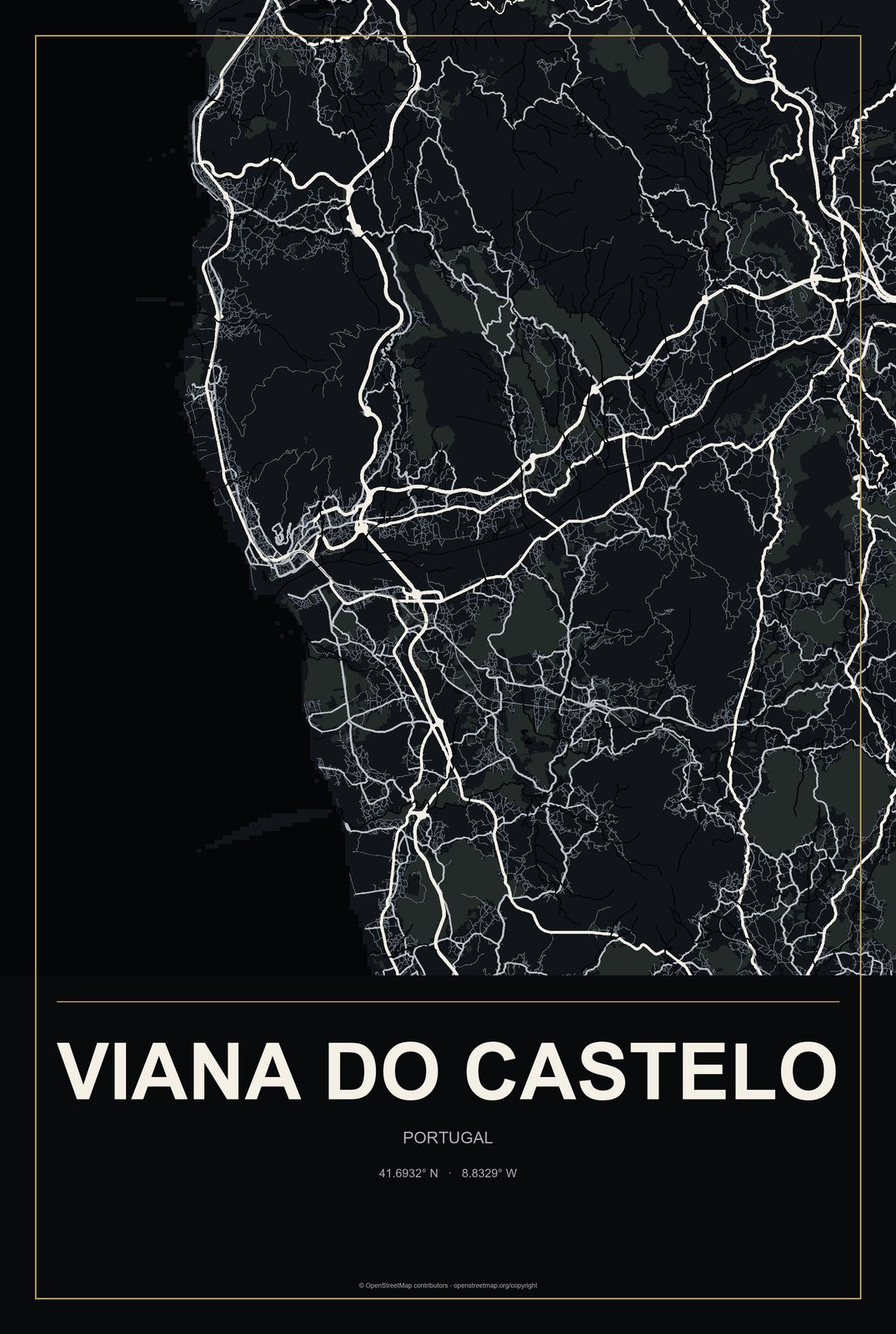 Viana do Castelo, Portugal City Map Aluminum Sign in Metropolitan Noir style