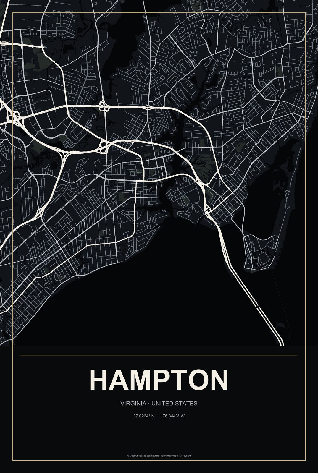Hampton, Virginia City Map Aluminum Sign in Metropolitan Noir style