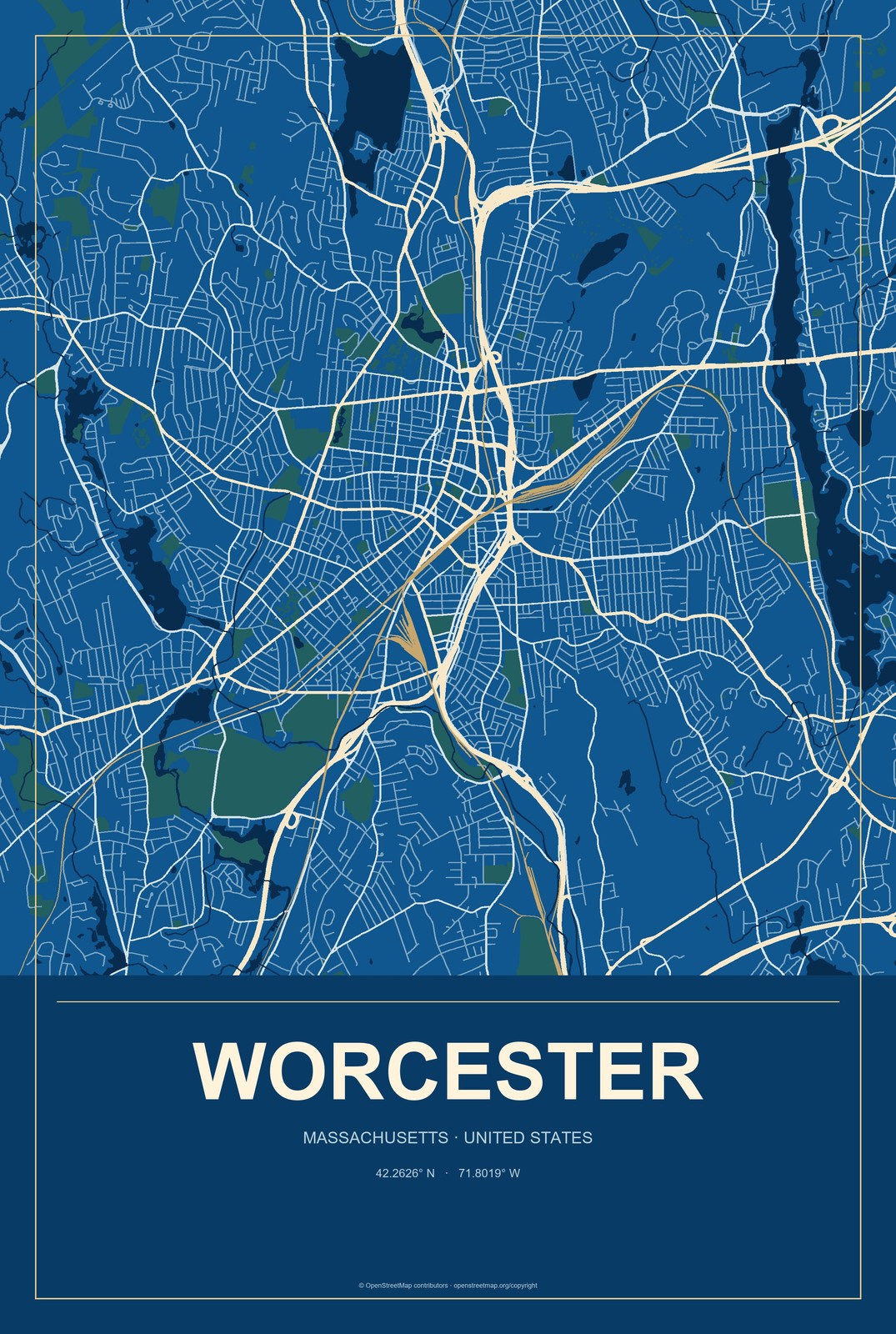 Worcester, Massachusetts City Map Aluminum Sign in Harbor Cobalt style