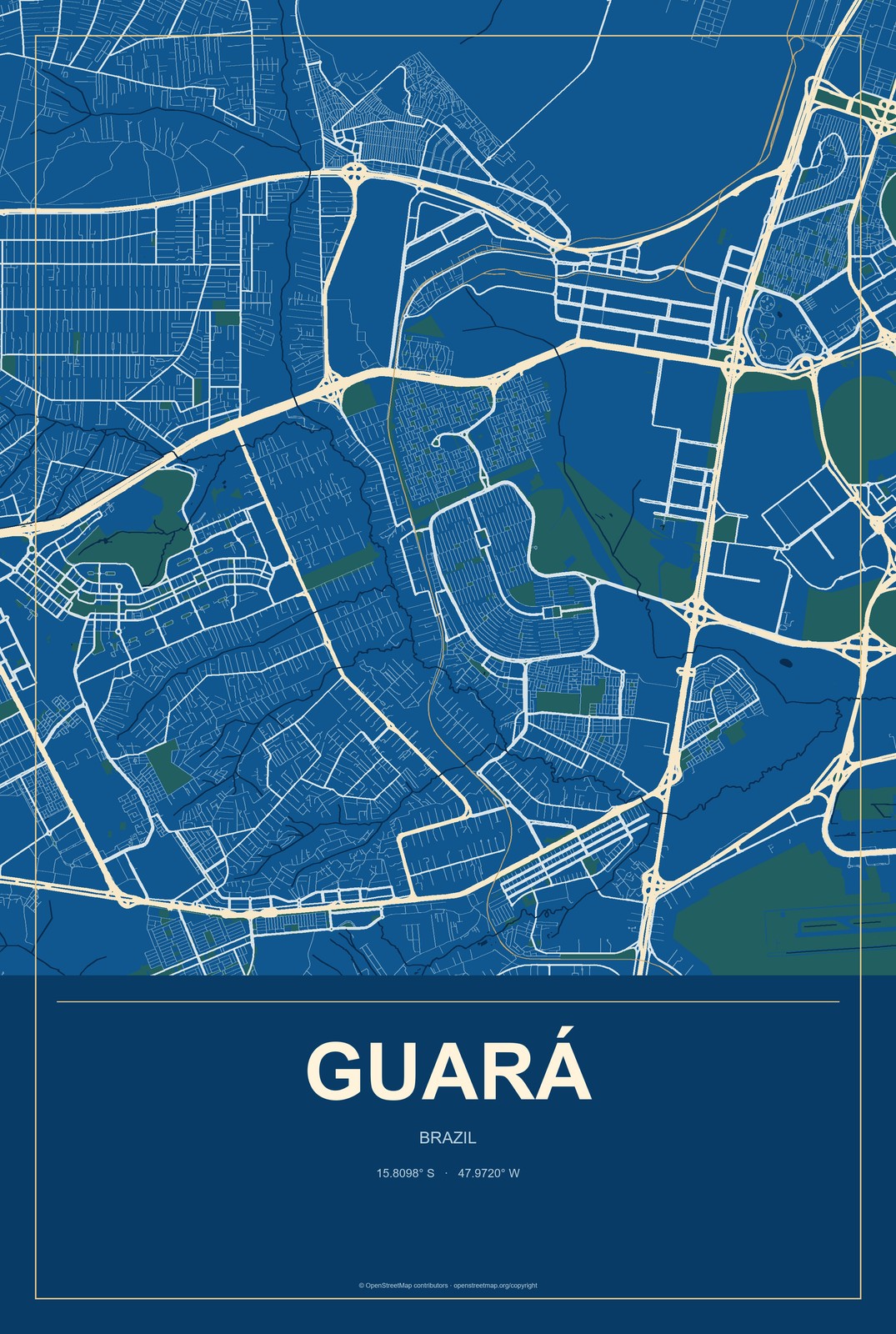 Guará, Federal District, Brazil City Map Aluminum Sign in Harbor Cobalt style