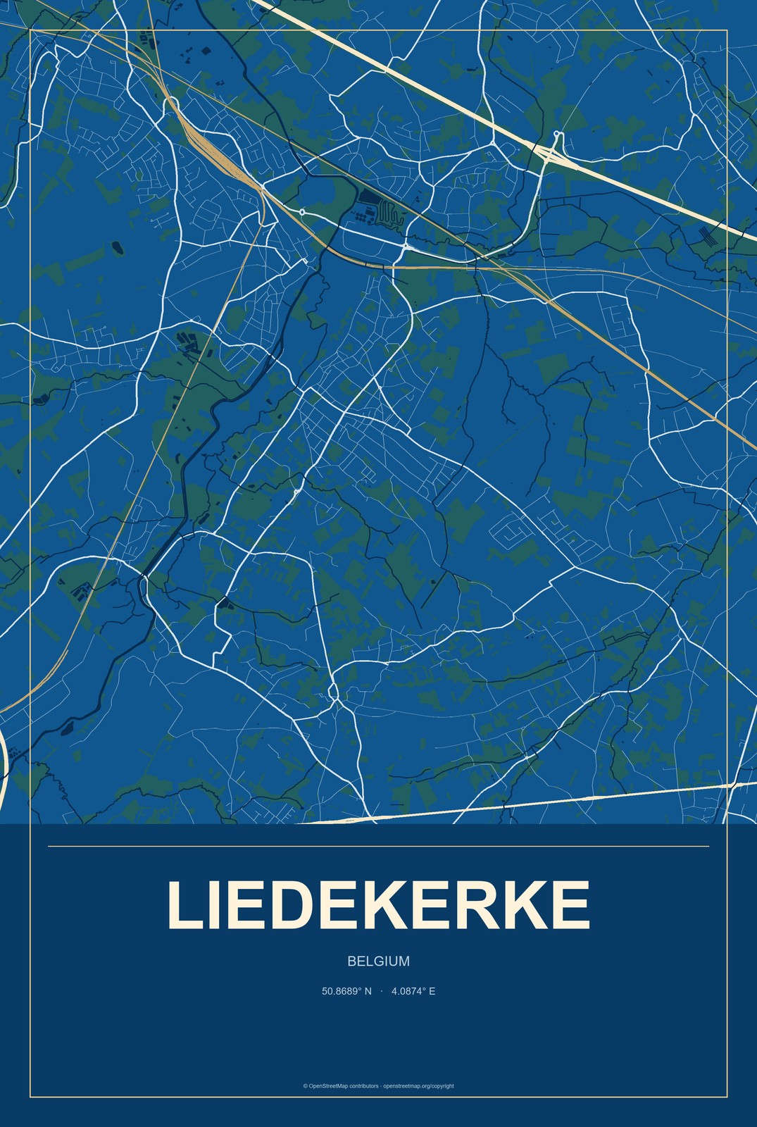 Liedekerke, Belgium City Map Aluminum Sign in Harbor Cobalt style